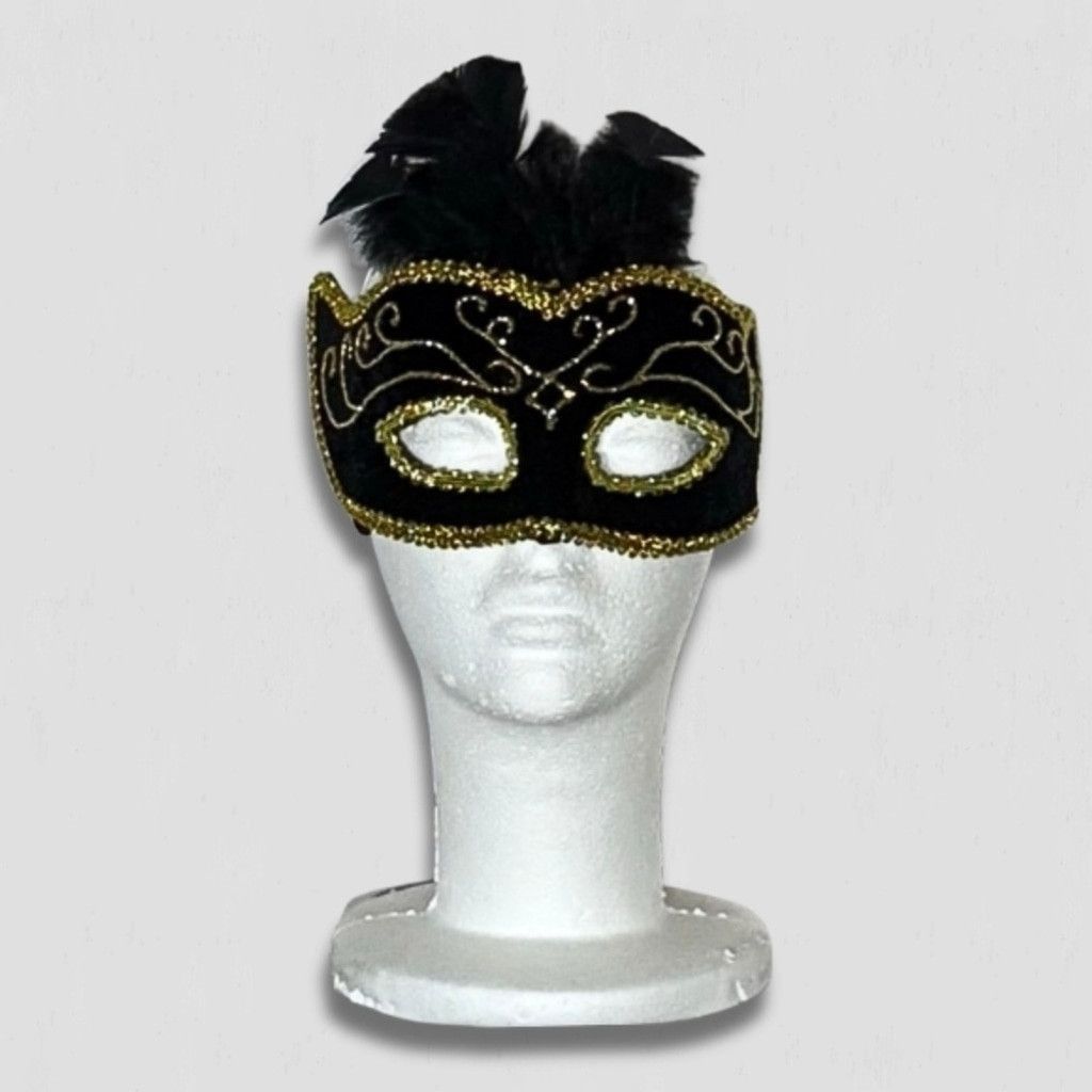 Vintage Mask Swirling Embroidery Feathers Elastic Strap Black/Gold Size ONE SIZE - 2 Thumbnail