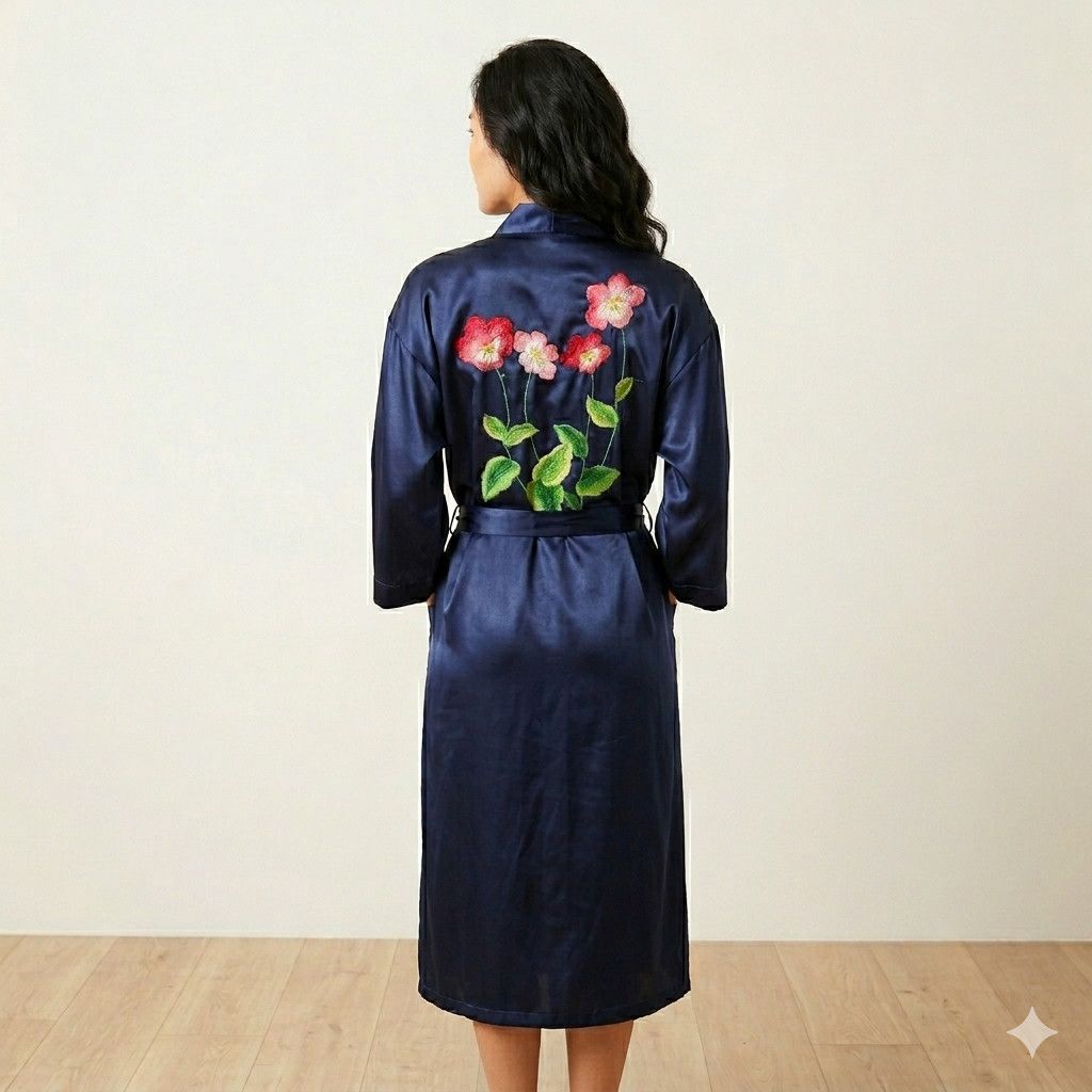 Other Courtney & Co. Size L Robe Navy Blue Satin Flower Floral Size L / US 10 / IT 46 - 5 Thumbnail