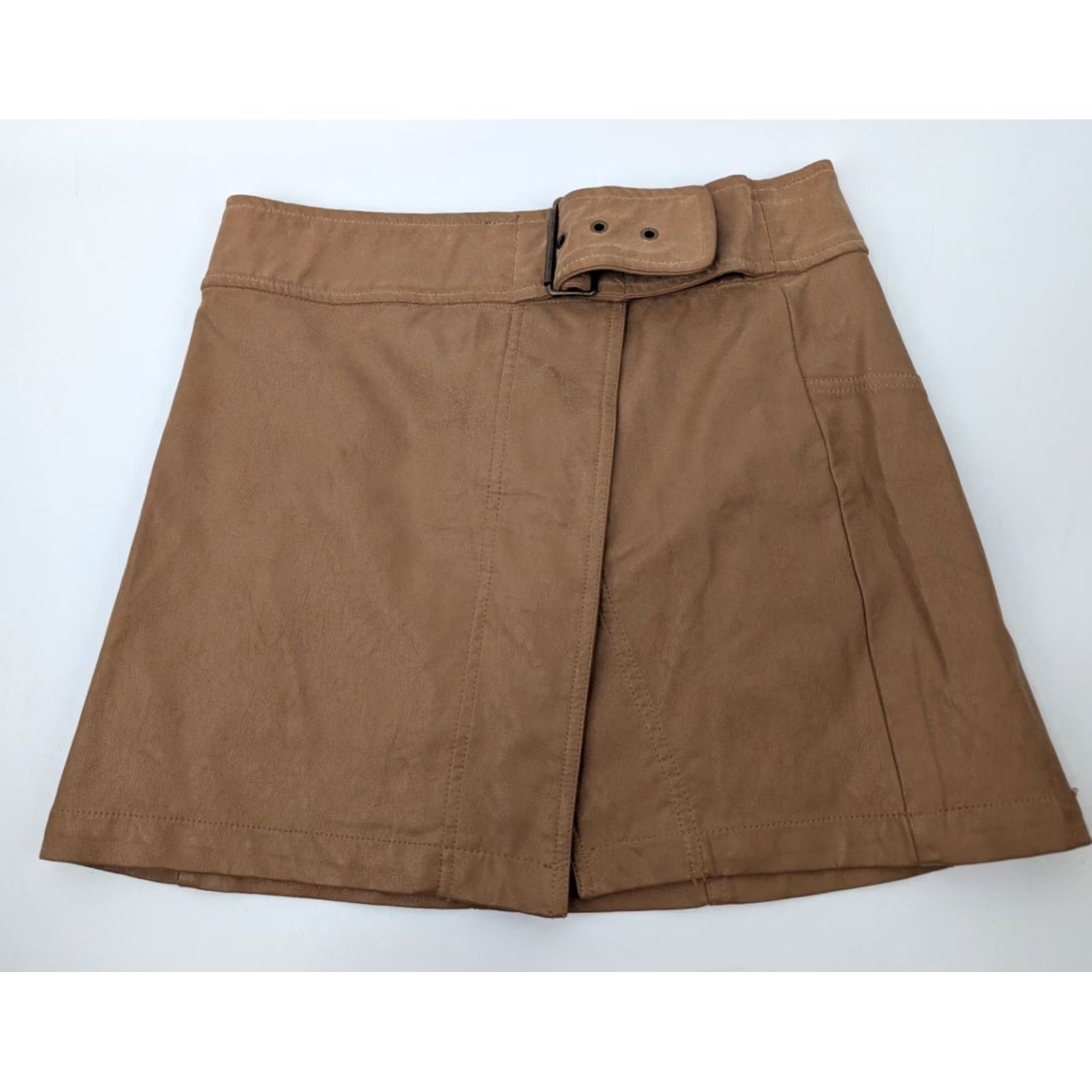 Free People VINTAGE Free People Skirt Womens 4 Camel Brown Faux Leather Buckle Wrap Mini Mod Size 27" / US 4 / IT 40 - 2 Thumbnail