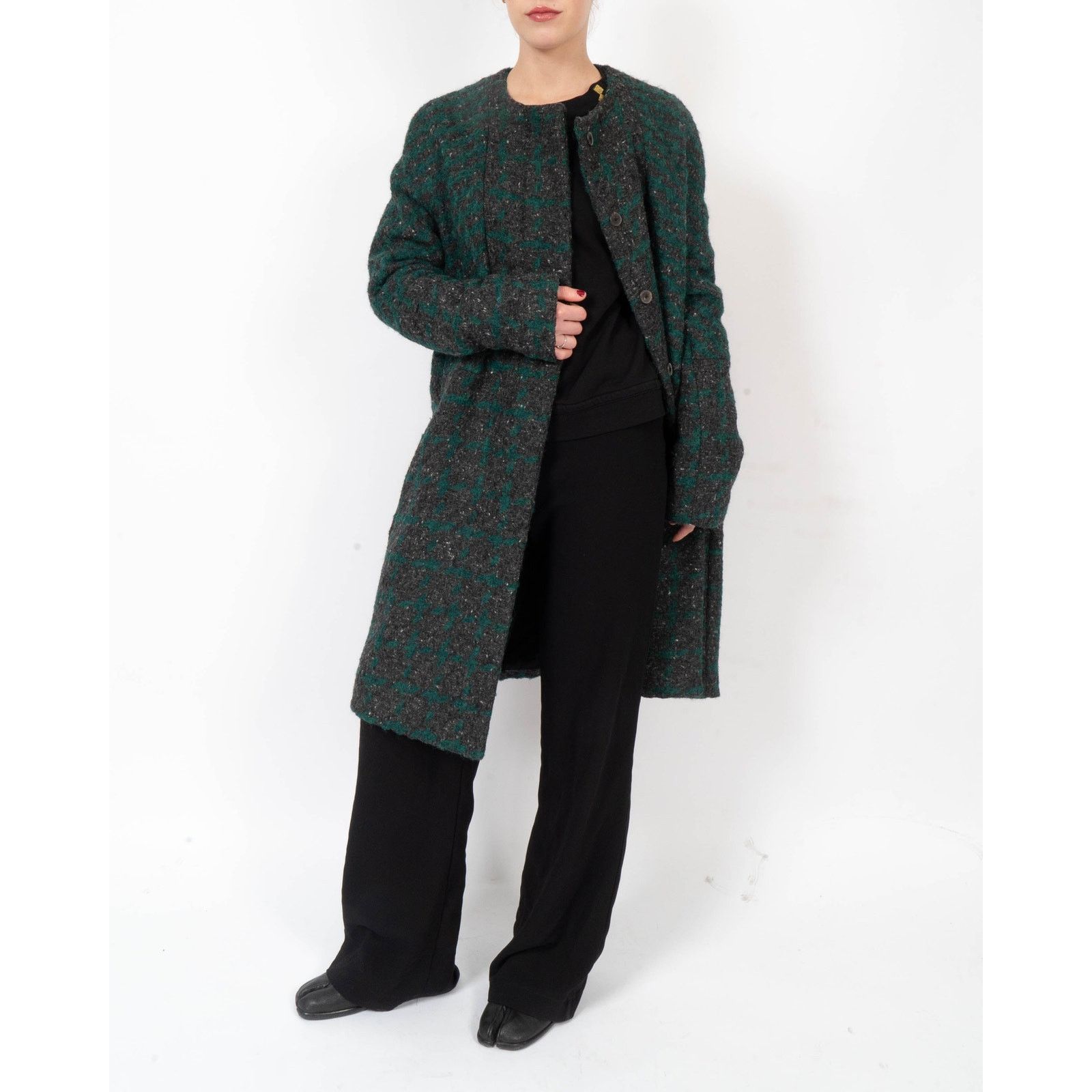 Haider Ackermann FW14 Collarless Overcoat in Grey & Green Boucle Wool Size S / US 4 / IT 40 - 1 Thumbnail