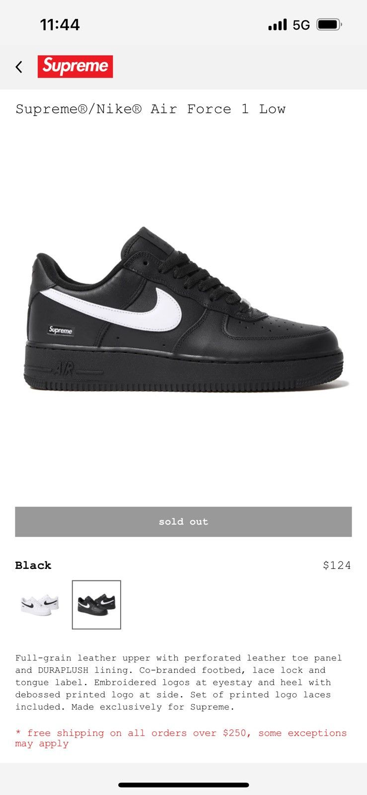 Nike × Supreme Supreme x Nike Air Force 1 Low black White CU9225-102 size 9 Size US 9 / EU 42 - 5 Thumbnail