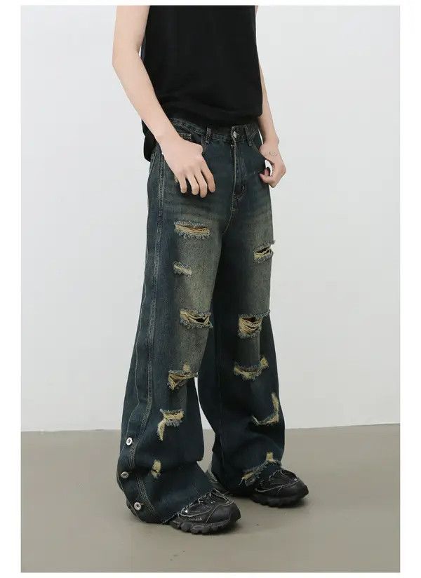 VIBE Men's loose straight raw edge washed wide-leg ripped jeans Size US 32 / EU 48 - 5 Thumbnail