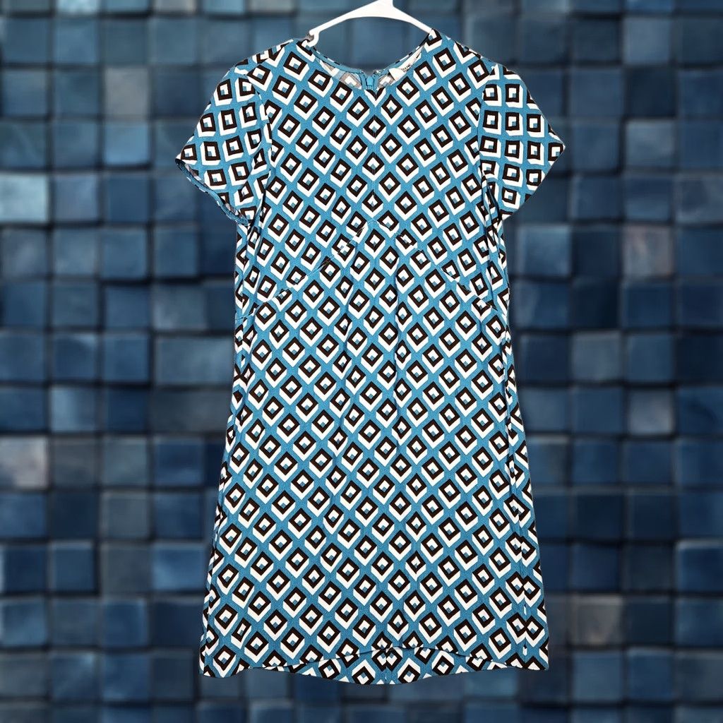 Diane von Furstenberg DVF Carlotta Diamond Squares Coastal Dress Women's XS NEW Multicolor Short Sleeve Crew Neck A-Line Above Knee Casual Lightweight Vacation Womens DVF Size XS / US 0-2 / IT 36-38 - 1 Thumbnail