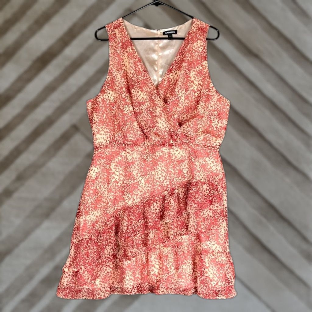 Express Express Dress Women Red Tan Ruffle Wrap V-Neck Layered Midi Large Size L / US 10 / IT 46 - 1 Thumbnail