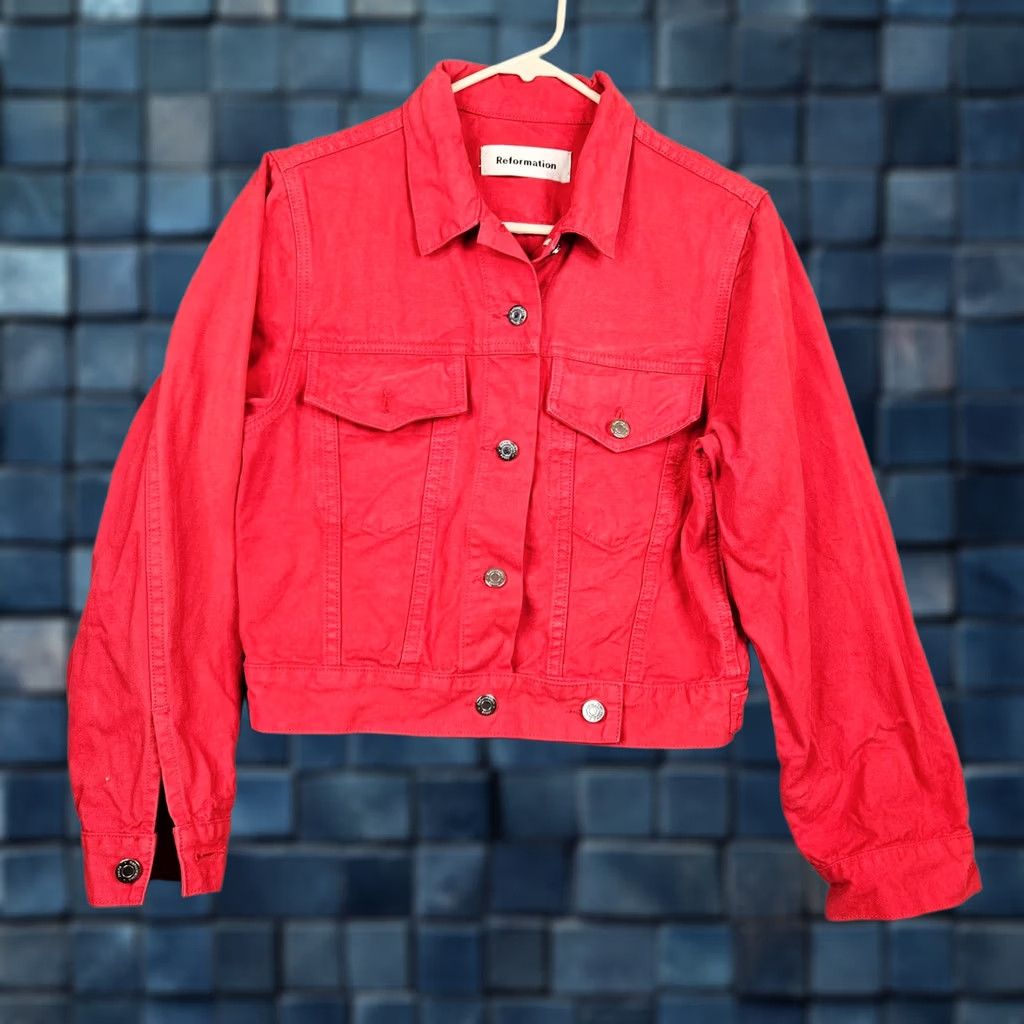 Reformation Reformation Denim Jacket Women's Cherry Red Button-up Cropped Ford Size M Shirt Adult Regular Red 90s? Size M / US 6-8 / IT 42-44 - 1 Thumbnail