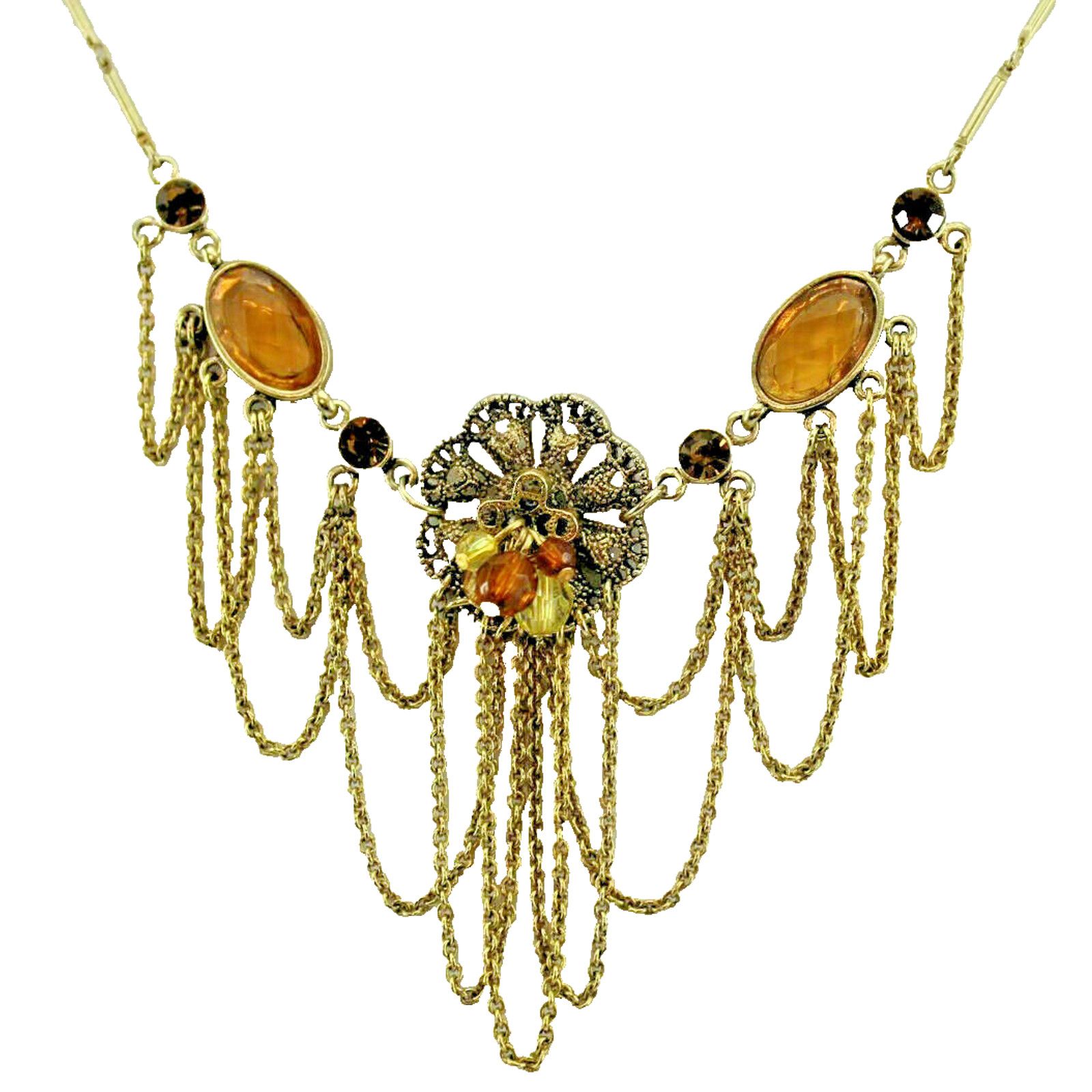 Other Victorian Style Necklace Amber Tones Beads Goldtone Chains Size ONE SIZE - 1 Thumbnail