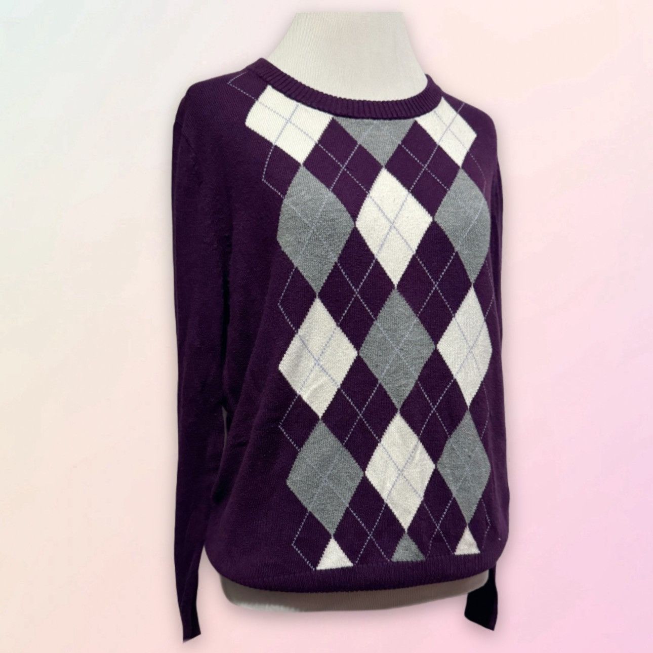 Merona Retro, Eggplant Purple, Argyle Patterned, Rayon Knit Sweater Size ONE SIZE - 2 Thumbnail