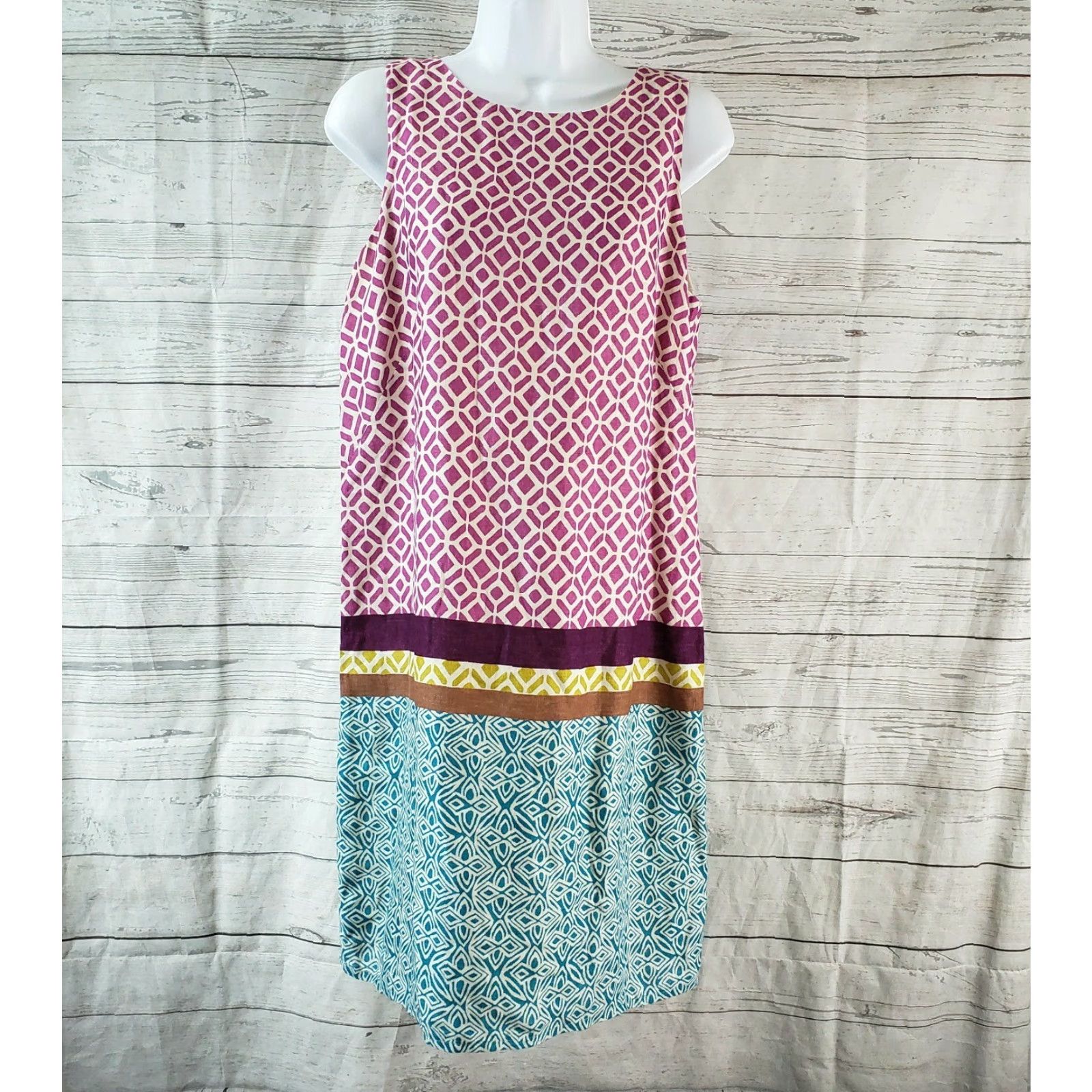 Loft LOFT Ann Taylor Womens Dress Sleeveless Linen Zip Pink Teal Size 8 Short 34.5" 18" Length Round Neck Shirt/Shift Womens Size M / US 6-8 / IT 42-44 - 2 Thumbnail