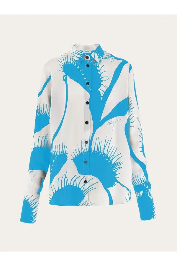 Salvatore Ferragamo o1s1rm0126 Venus Print Silk Shirt in Blue/White Size L / US 10 / IT 46 - 1 Thumbnail
