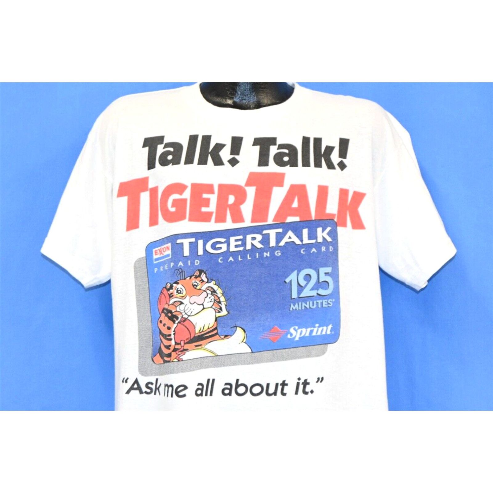 image of Vintage VTG 90's Tiger Talk Prepaid Calling Cards Sprint Ask Me About It Exxon T-Shirt XL in White