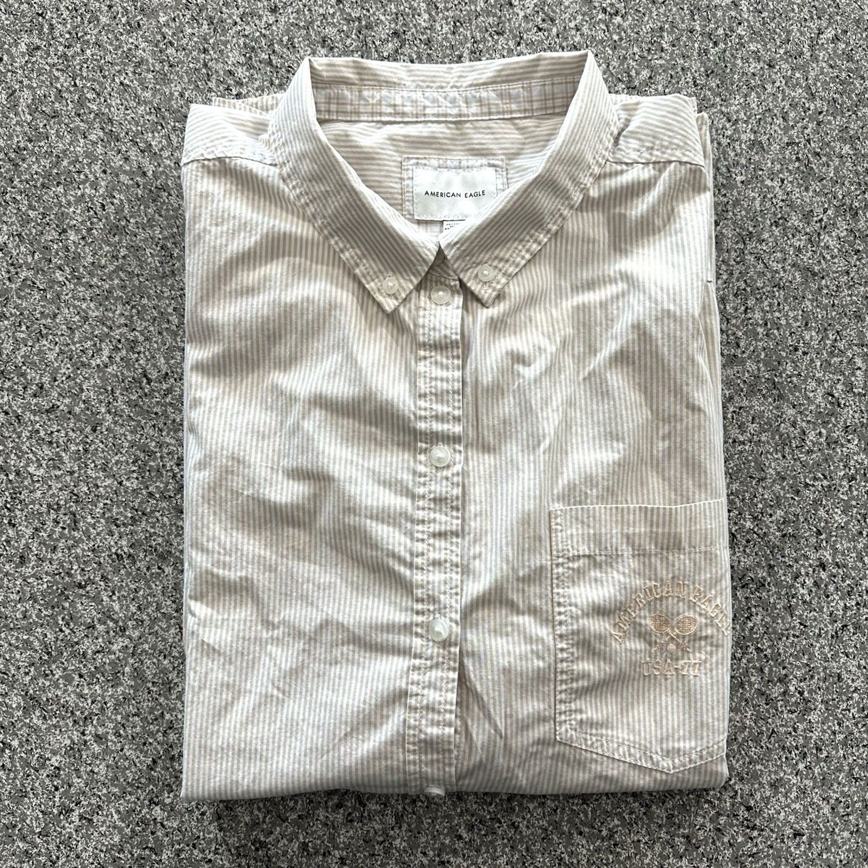 American Eagle Outfitters American Eagle Outfitters Button-Up Shirt Mens XL Striped Beige Cotton Woolen? No, Cotton Size US XL / EU 56 / 4 - 2 Thumbnail
