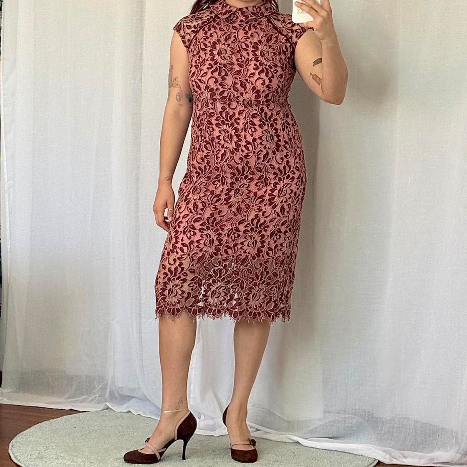 Other ✿ burgundy + blush lace midi dress ✿ Size L / US 10 / IT 46 - 1 Thumbnail