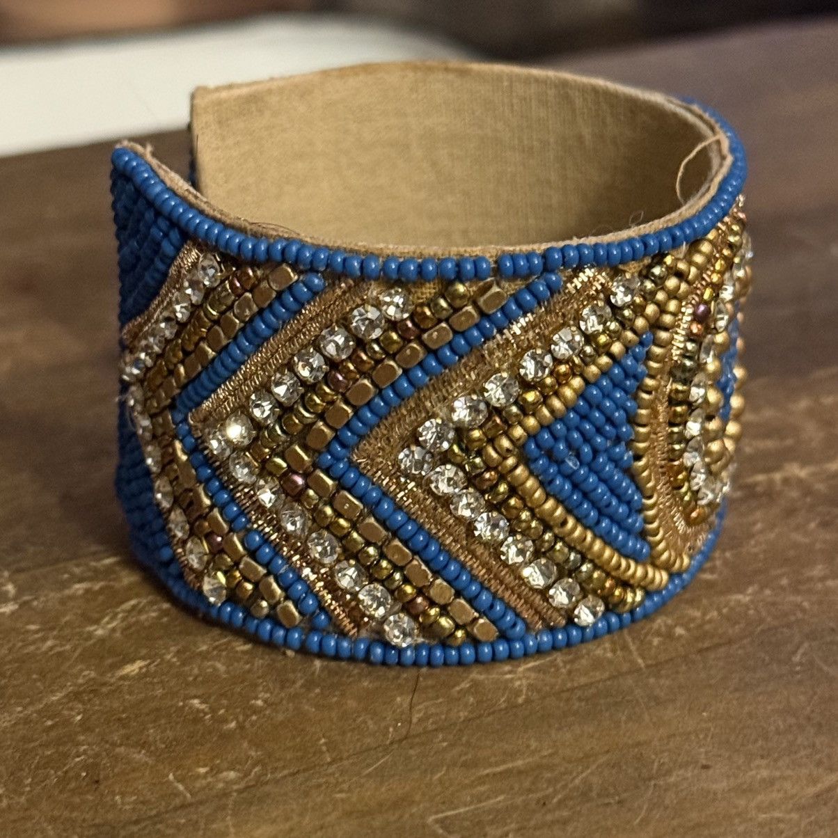 Other Handmade blue and gold beaded rhinestone wide cuff bracelet Size ONE SIZE - 5 Thumbnail