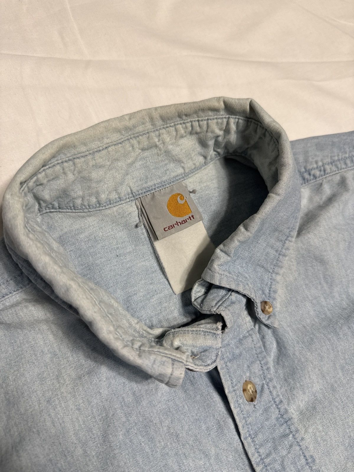 Carhartt Vintage 90s Carhartt Blue Light Wash Painted Button Shirt Size US XL / EU 56 / 4 - 2 Thumbnail