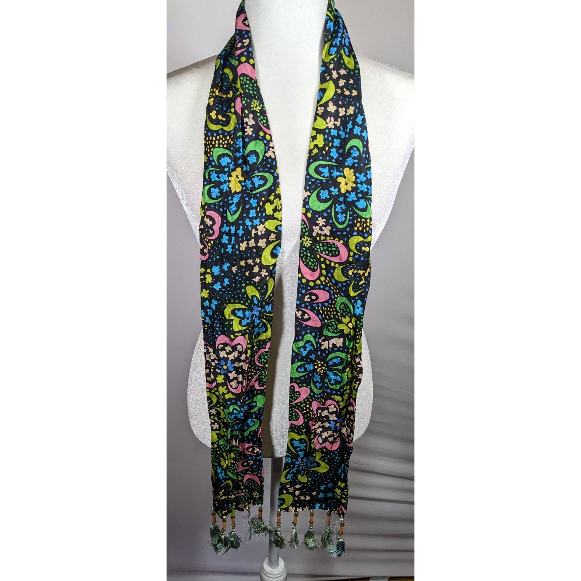 Talbots Talbots Retro Rainbow Floral Beaded Tassel Scarf Size ONE SIZE - 4 Thumbnail