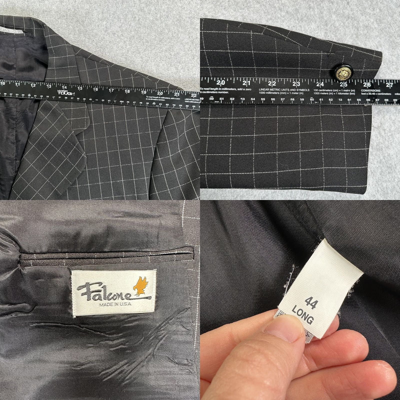 Vintage VINTAGE Falcone Suit Blazer Pants 2 Piece Mens 44 Long Black Windowpane Check USA Size 44R - 8 Thumbnail