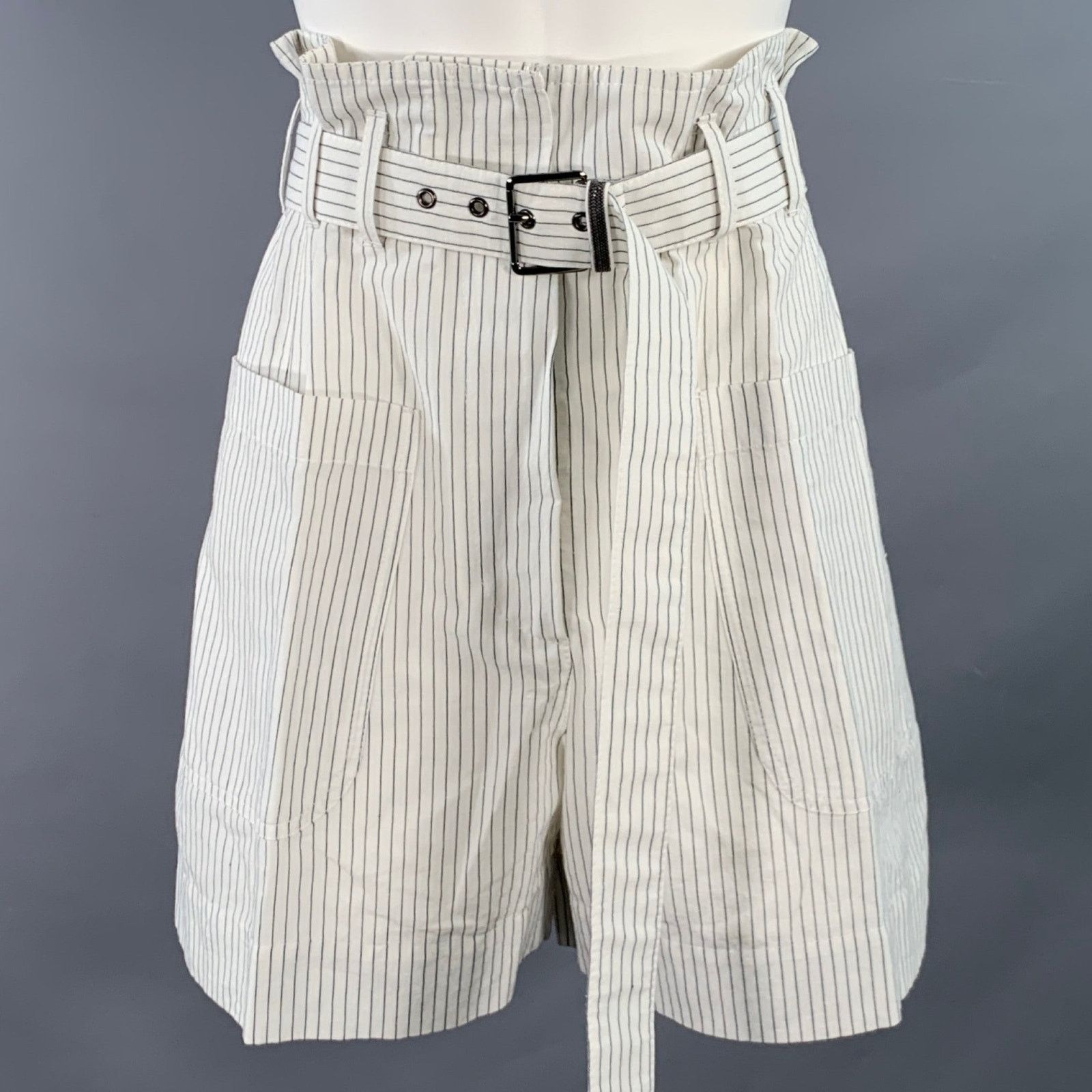 Brunello Cucinelli 8 White Black Cotton Linen Pinstripe Wide Leg Belted Shorts Size 30" / US 8 / IT 44 - 1 Thumbnail