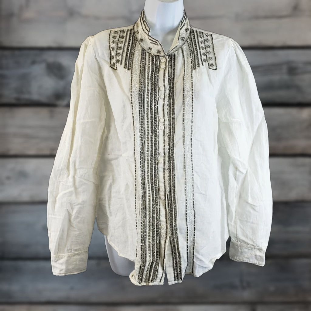 Anthropologie VINTAGE Floreat Beadwork Button-Down Shirt Womens Sz 10 White Linen Blend Shirt Size L / US 10 / IT 46 - 1 Thumbnail