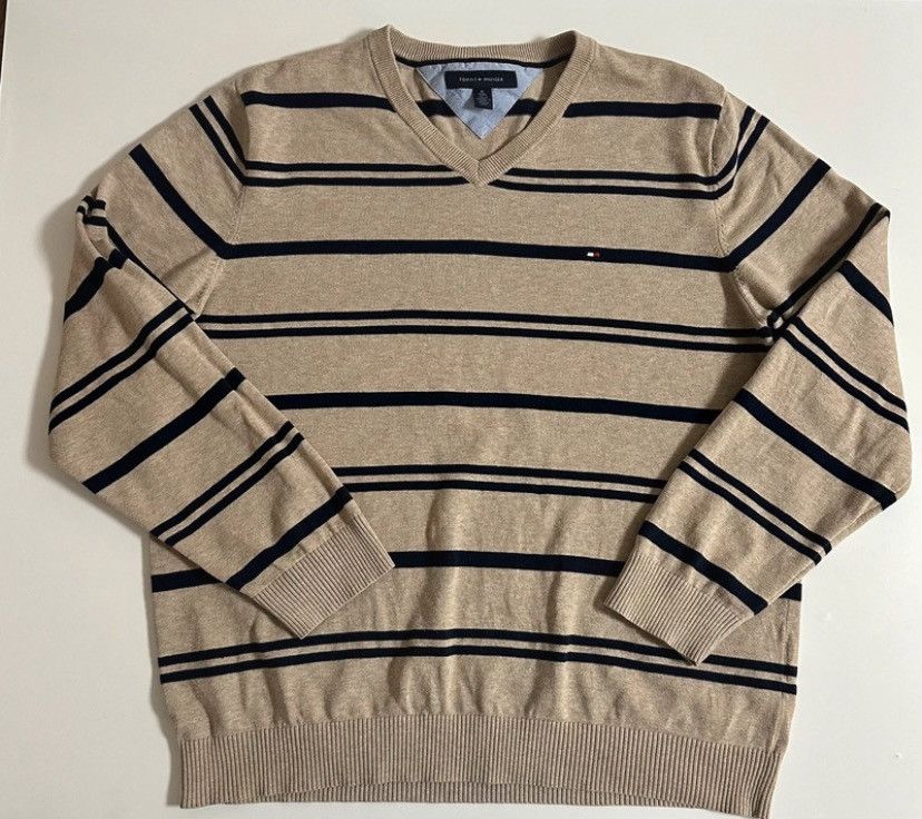 Tommy Hilfiger Tommy Hilfiger Striped V-Neck Sweater - Beige/Navy Size US XL / EU 56 / 4 - 2 Thumbnail