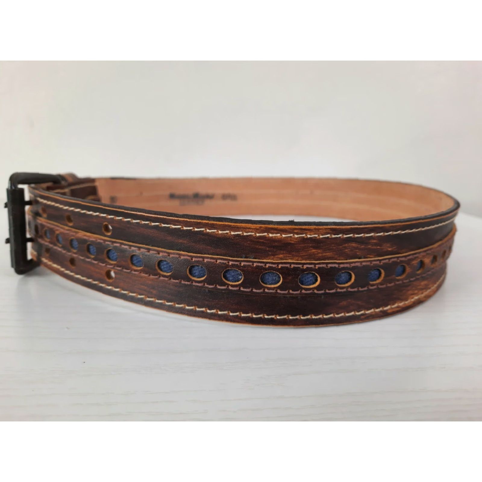 Vintage VINTAGE Stamped Brown Genuine Banded Leather Western Ranger Belt 30 Wood Print Belt Men Regular Brown 30 Western Ranger Belt Size 30 - 3 Thumbnail