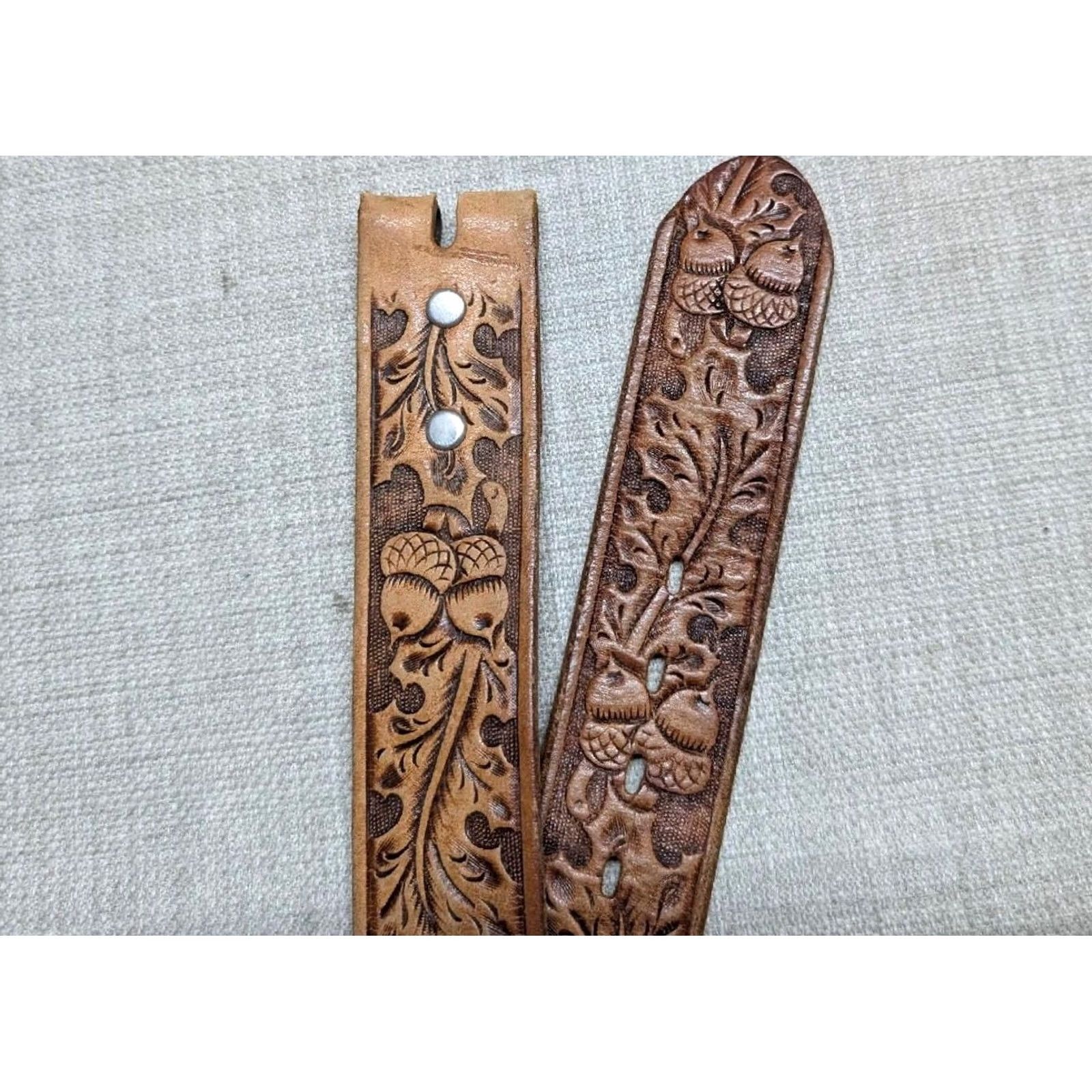 Vintage VINTAGE handcrafted browntooled COWHIDE leather WESTERN belt 38 Regular Men Buckle acorns Size 38 - 6 Thumbnail