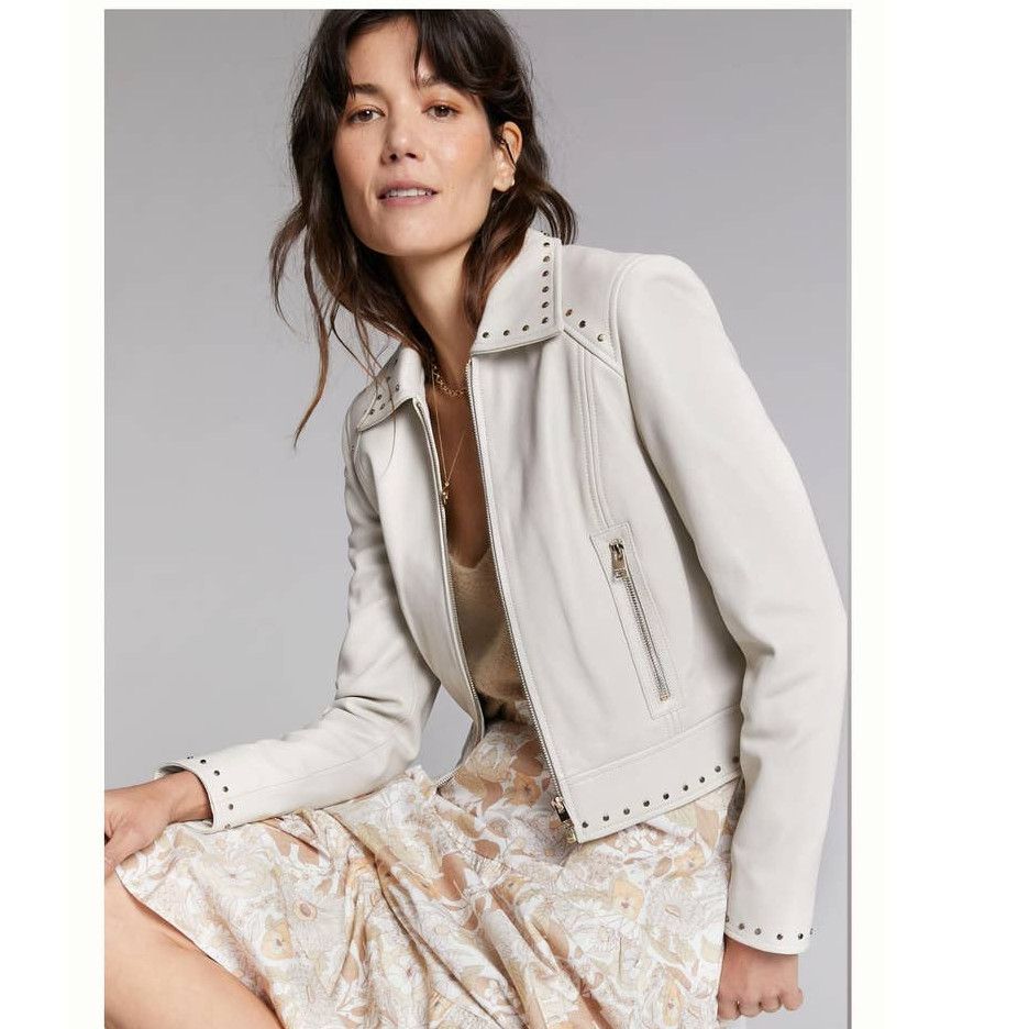 image of New Anthropologie Lamarque Gali Studded Leather Jacket $675 in Cream, Women's (Size Small)