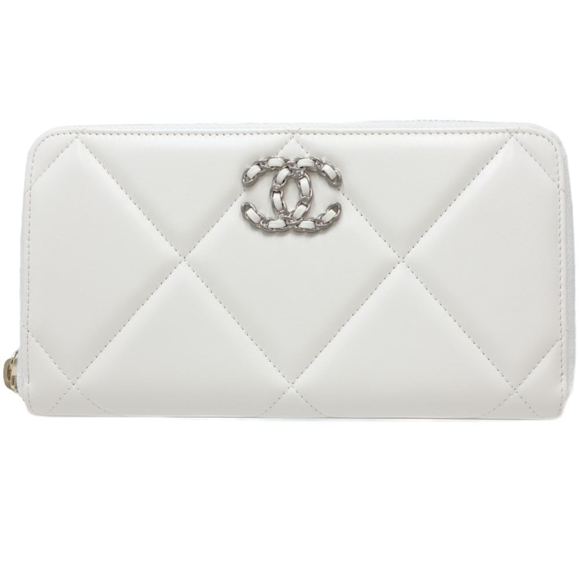image of Chanel 19 Round Zipper Matelasse Cc Mark Ap1063 Long Wallet Leather White 083407, Women's