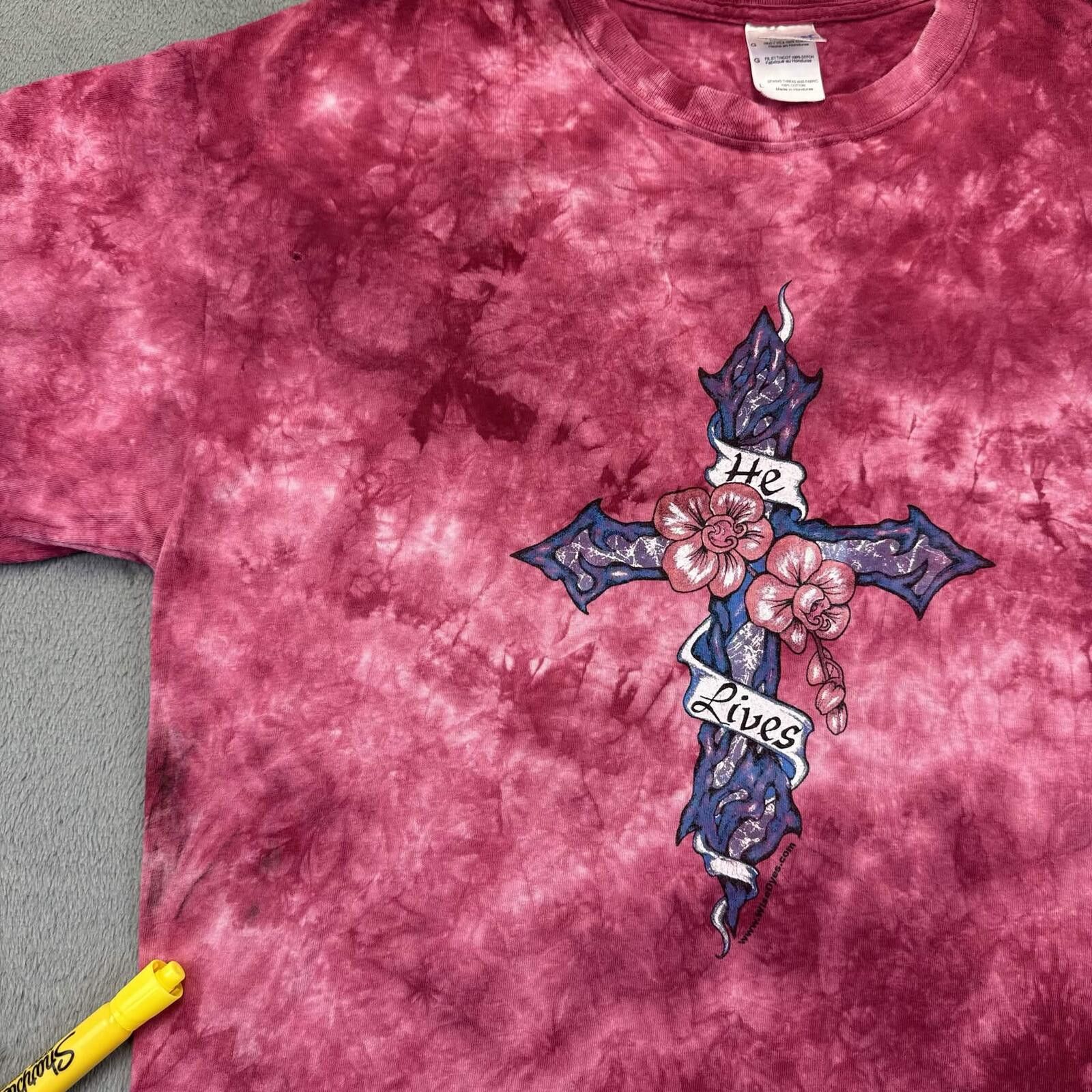 Gildan Gildan Pink/Purple Tie Dye Graphic Tee with Cross & Flowers Size ONE SIZE - 3 Thumbnail