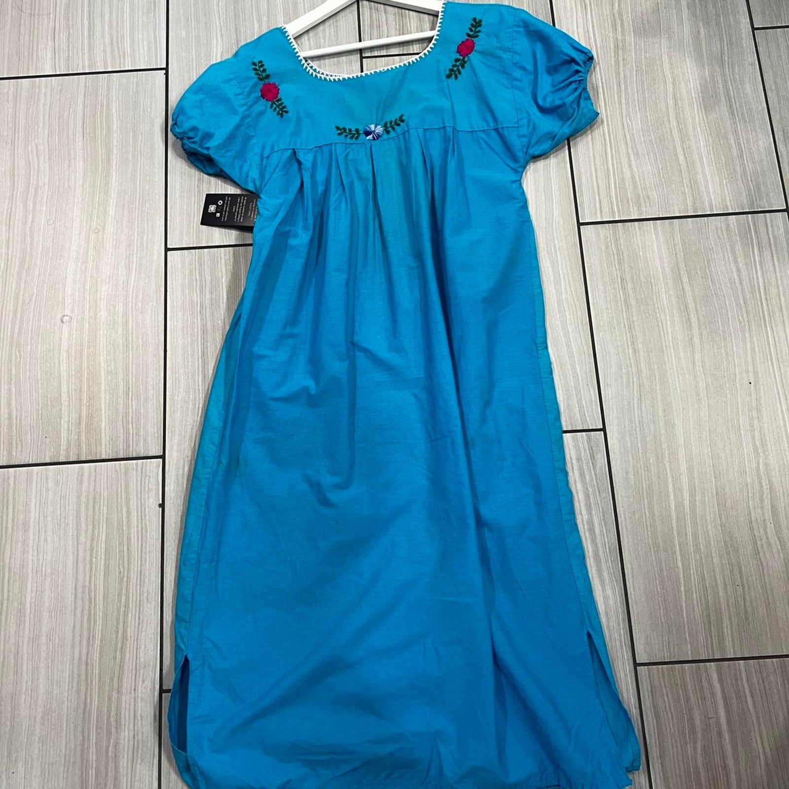 Vintage Mexican blue dress floral handmade Size M / US 6-8 / IT 42-44 - 2 Thumbnail