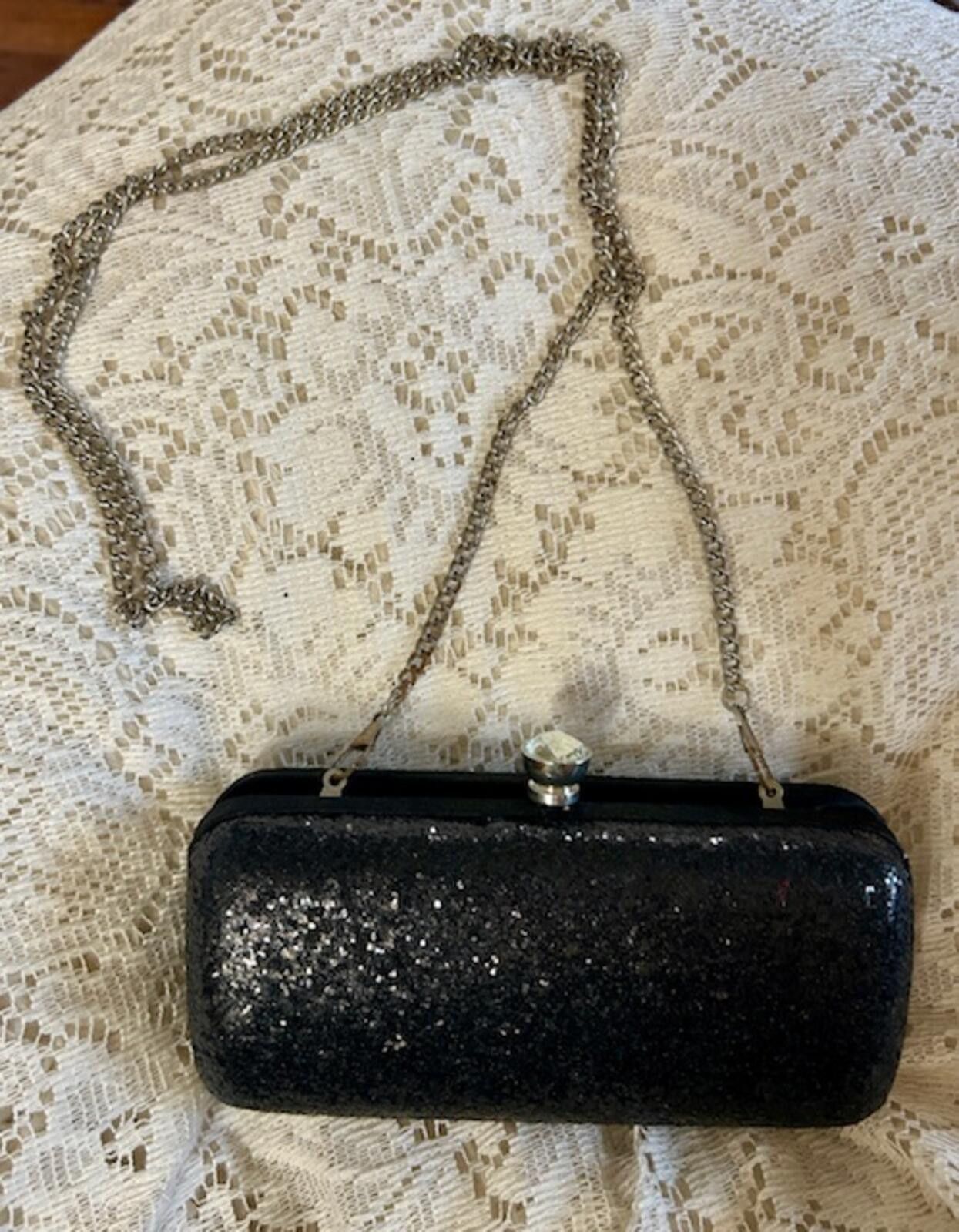 The Unbranded Brand Vtg Black Glitter Evening Clutch Silver Chain Gemstone Clasp Size ONE SIZE - 4 Thumbnail