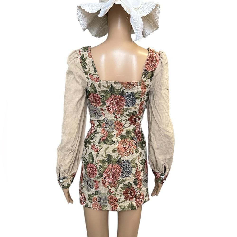 Designer CIDER Floral Mini Dress with Corduroy Sleeves Size S / US 4 / IT 40 - 3 Thumbnail