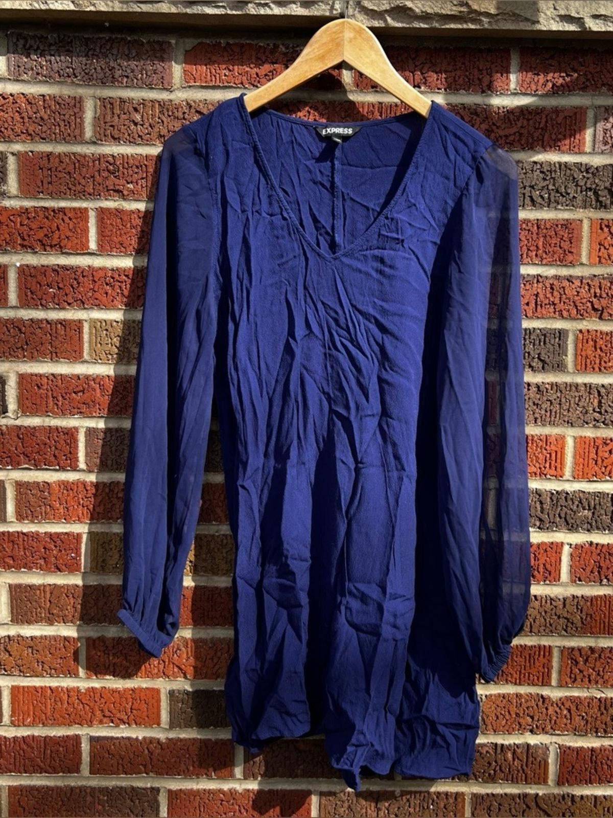 Express Express Royal Blue V Neck Long Sleeve Tunic Mini Dress Size L / US 10 / IT 46 - 1 Thumbnail
