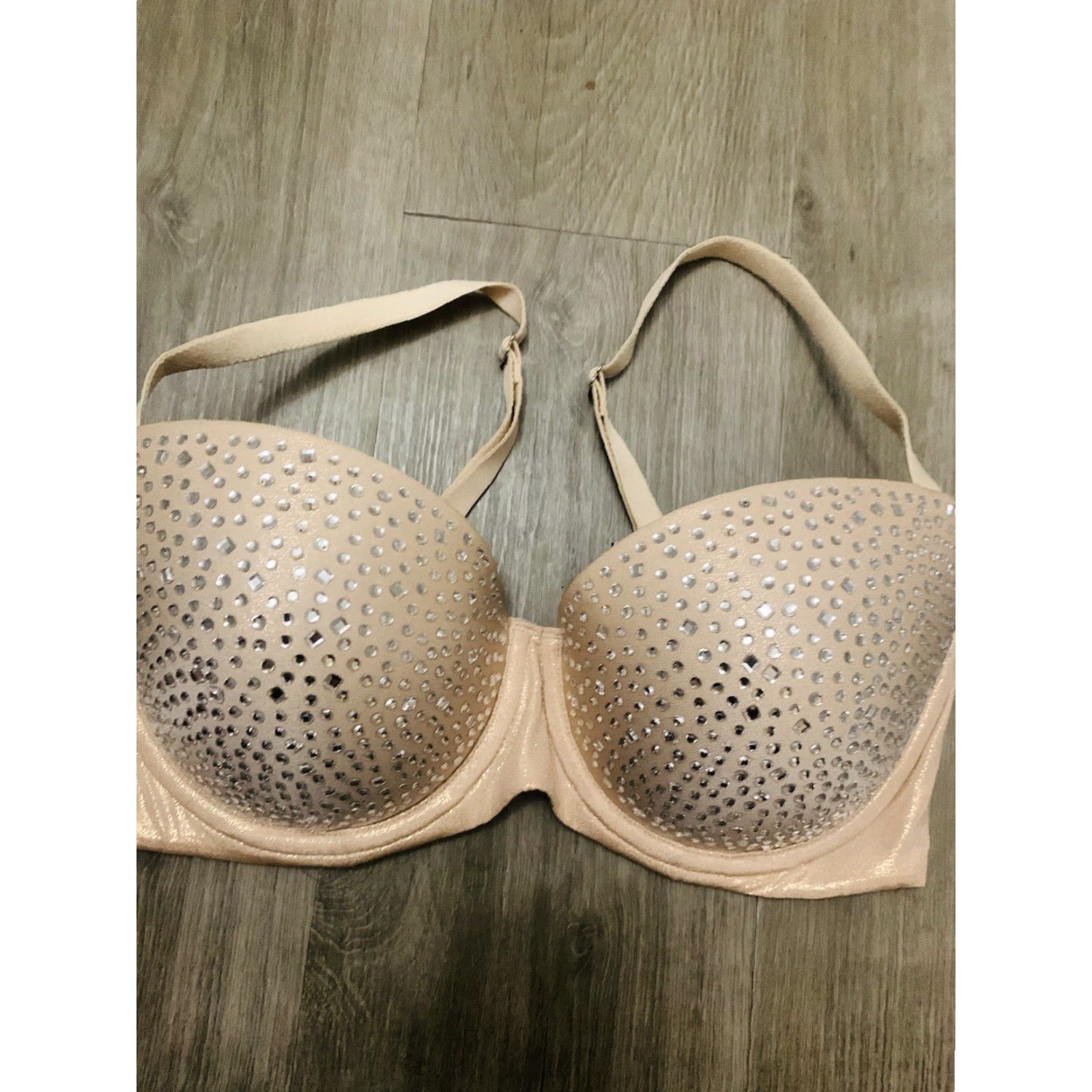 Victoria's Secret Victoria’s Secret Dream Angels Lined Demi Beige Bra 32DD Rhinestones Beige Pink Glitter Glow Womens DD Push Up Bra Size ONE SIZE - 3 Thumbnail