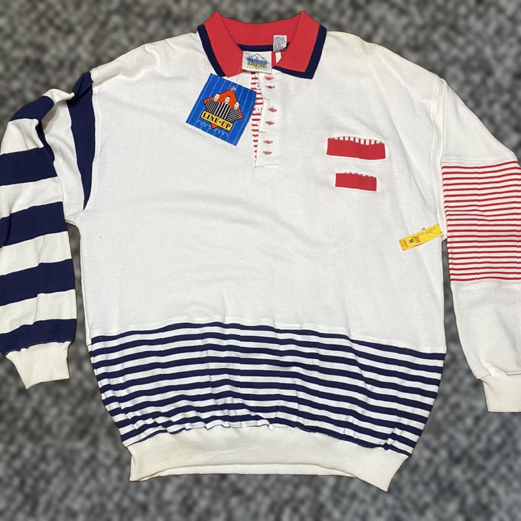 VINTAGE Line Up Men's Long Sleeve Polo Shirt Collared Button White L Tunic Casual