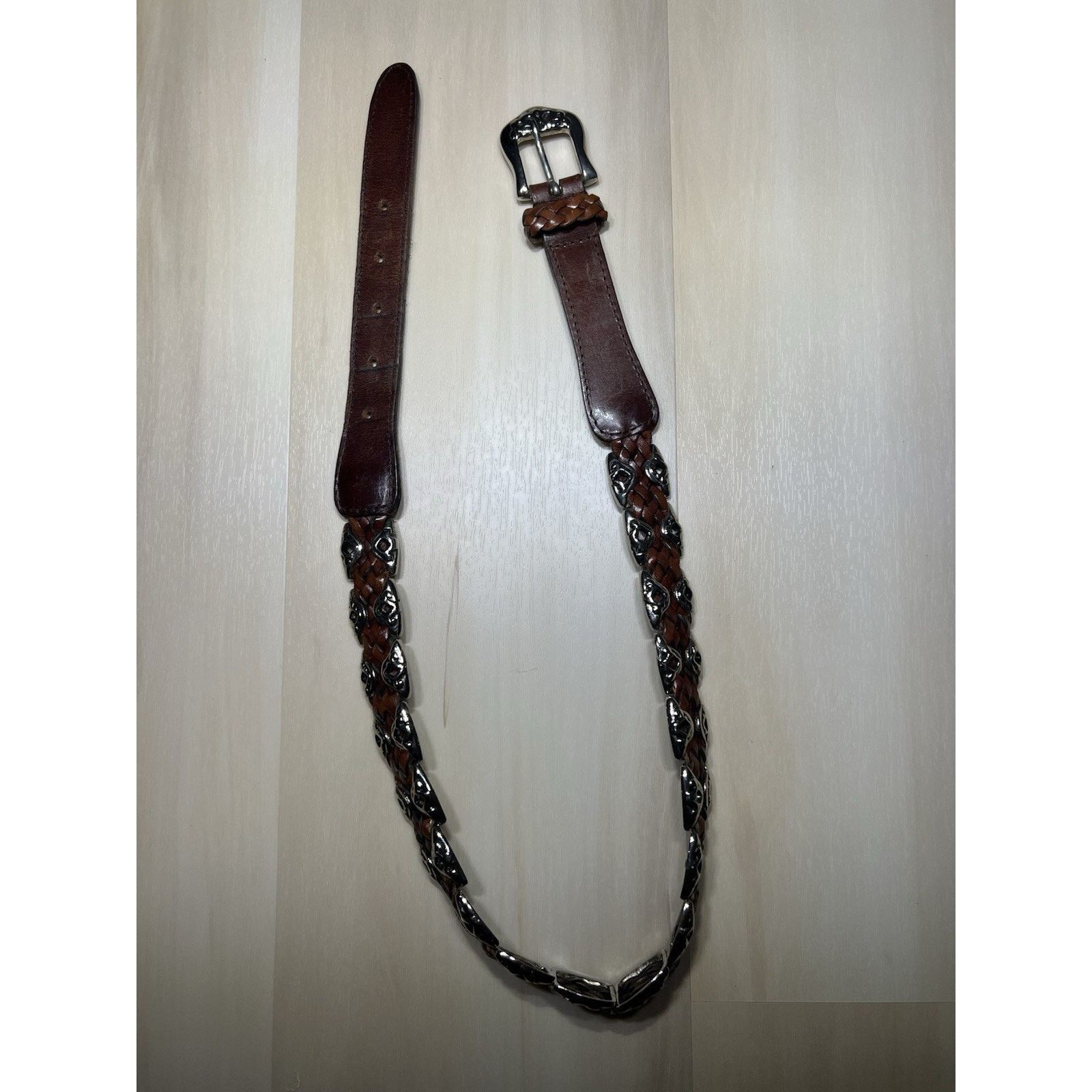 Tribal Streetwear Capezio S/M Belt Woven Leather and Silver Brass Link Brown Size ONE SIZE - 9 Thumbnail