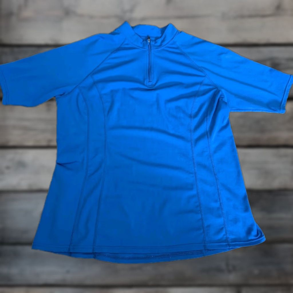 Vintage Coolibar Freestyle Women's Rash Guard Short Sleeve UPF 50+ Shirt Large Sz EUC Blue Zip Pocket 100% Polyester Machine Washable Size XL / US 12-14 / IT 48-50 - 1 Thumbnail