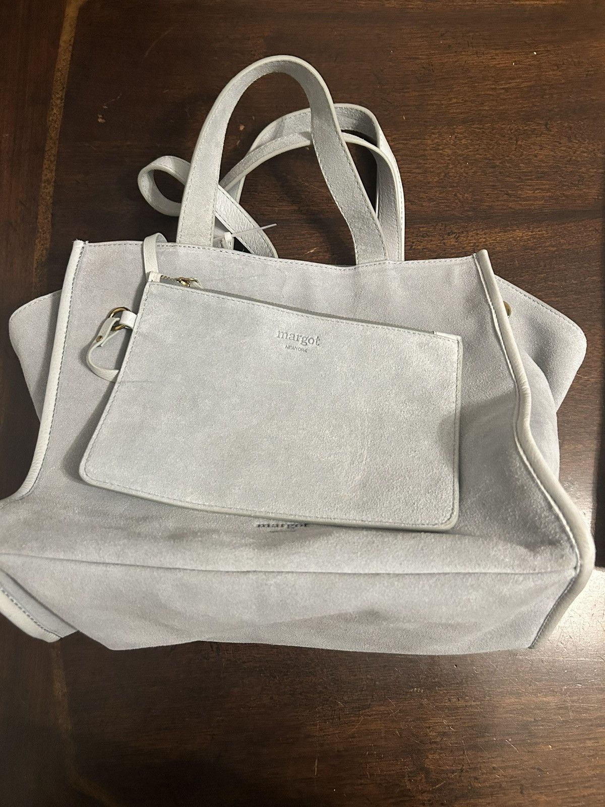 Designer Margot New York Suede Tote Bag With Mini Purse in Blue, Women's