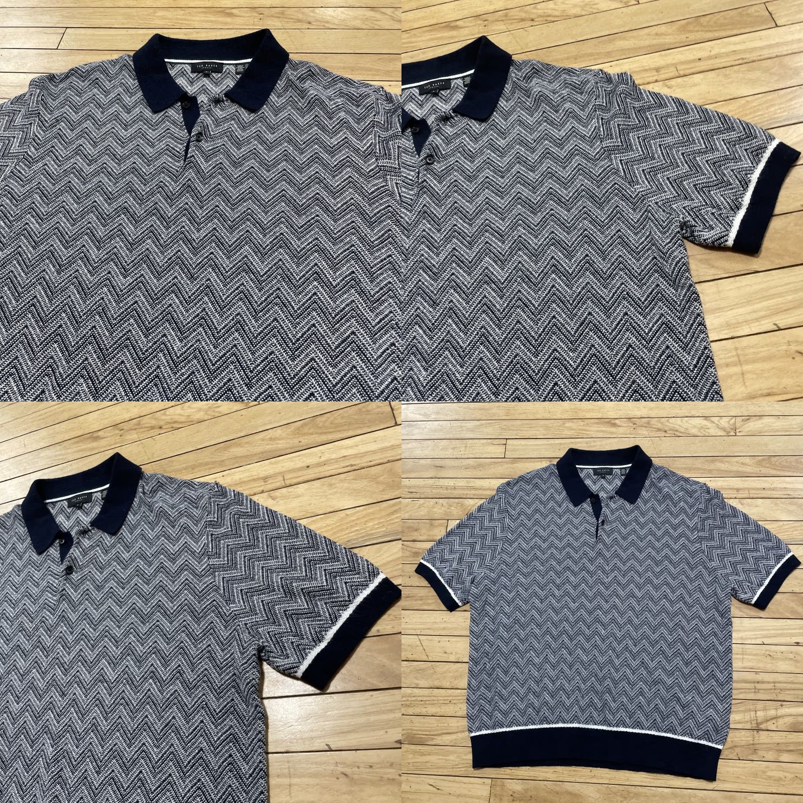 Ted Baker Ted Baker London Men 6 Waldun Navy Cream Zig Zag Stitch Polo Shirt Short Sleeve Geometric Pattern Polo Shirt Mens XS-XL Corporate Casual Dressy Size US S / EU 44-46 / 1 - 10 Thumbnail