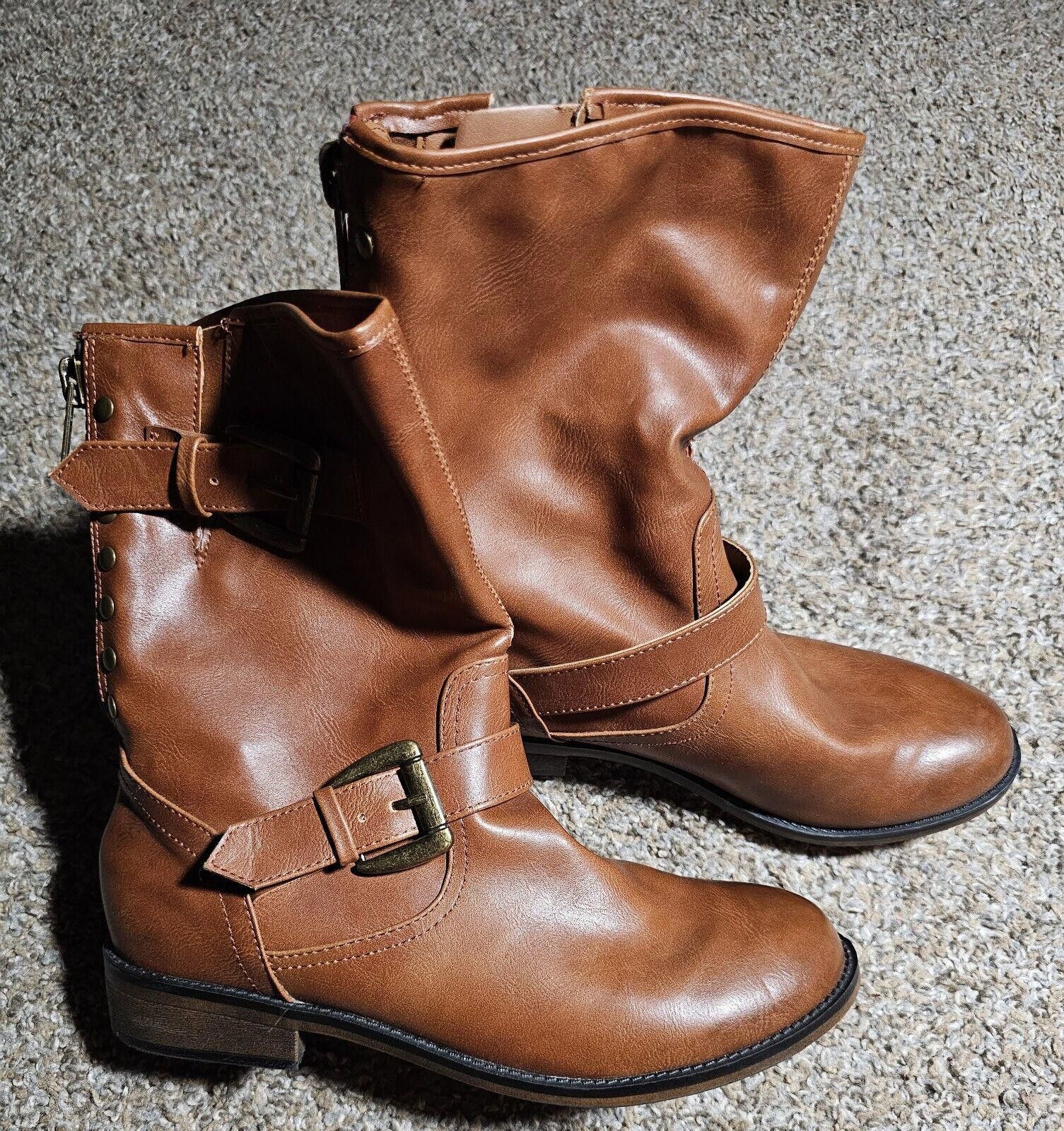 Designer Steve Madden Girl Brown Buckle Boots Zipper Sz 8M Temppt Size US 8 / IT 38 - 1 Thumbnail