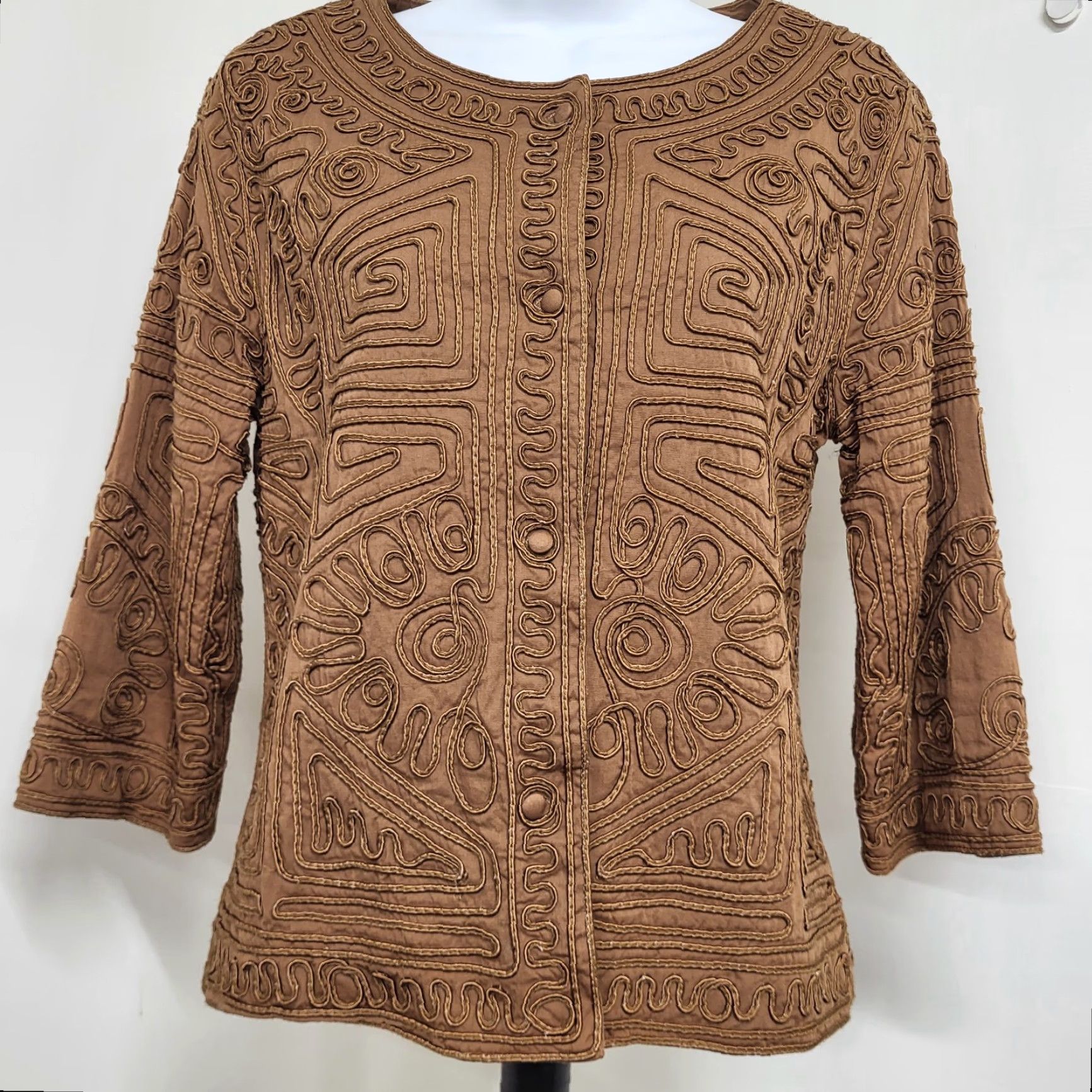 Vintage Joni B. Jacket Women's Small Brownish Gold Lined Split Sleeve Fabric Trim Button Size S / US 4 / IT 40 - 3 Thumbnail