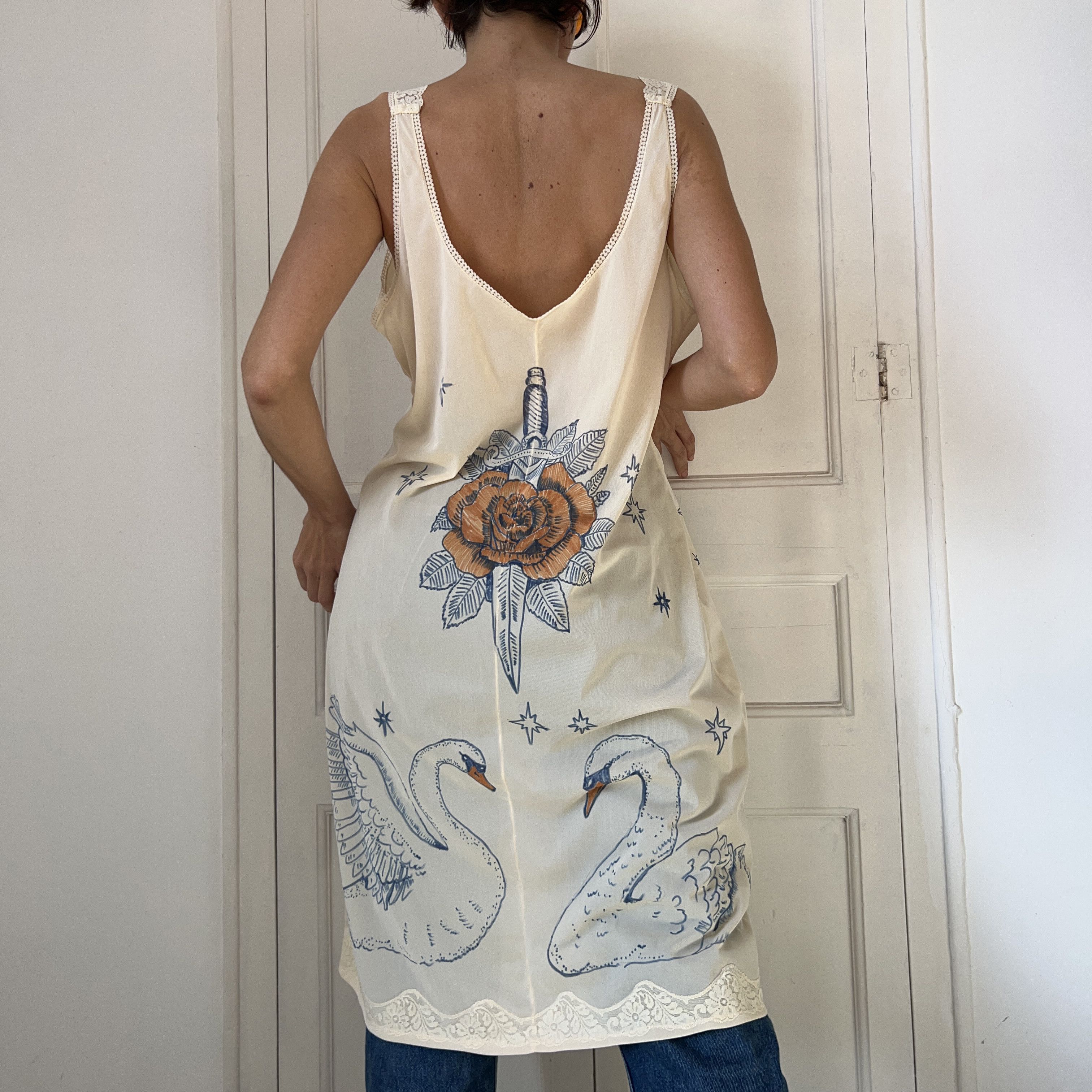 Custommade Hand-Painted Tattoo Swan Slip Dress Size L / US 10 / IT 46 - 2 Thumbnail