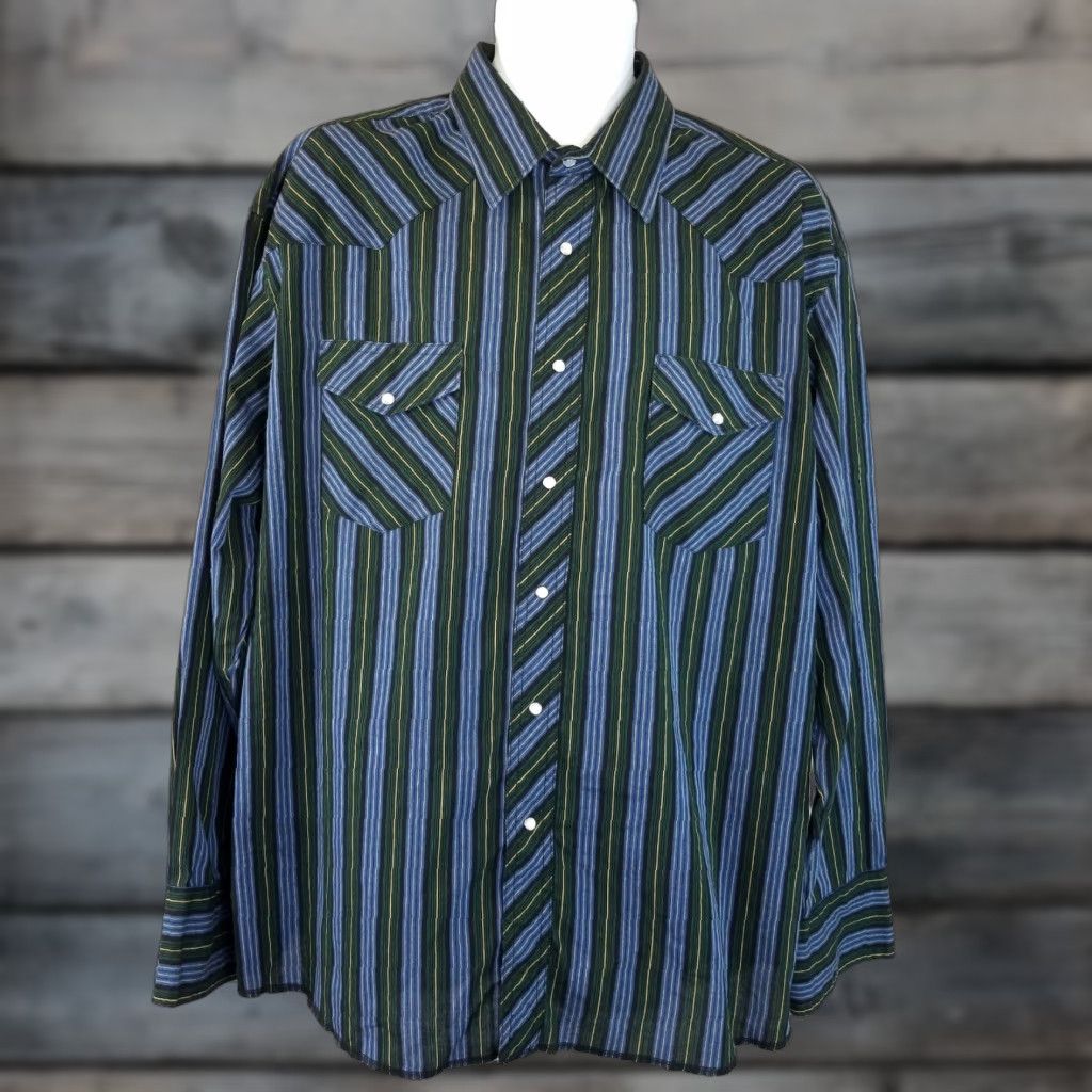 Wrangler Wrangler Mens Pearl Snap Shirt Sz 18 Green Blue Striped Long Sleeve Cotton Blend Shirt Mens 18 Green Striped Western Wrangler Pearl Snap Shirt Size US XXL / EU 58 / 5 - 1 Thumbnail