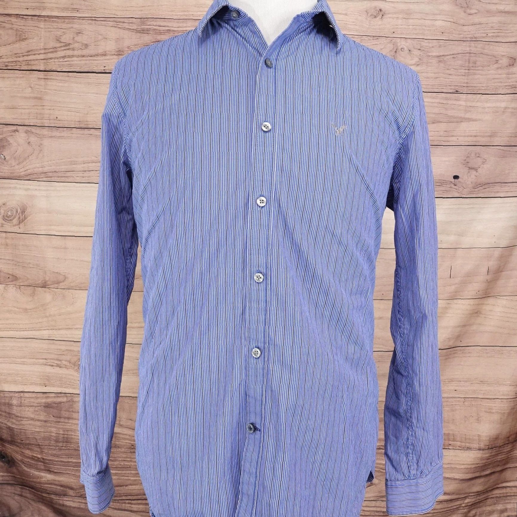 American Eagle Outfitters American Eagle Shirt Men Large Blue Striped Slim Fit Button-Down Casual Cotton Size US L / EU 52-54 / 3 - 3 Thumbnail