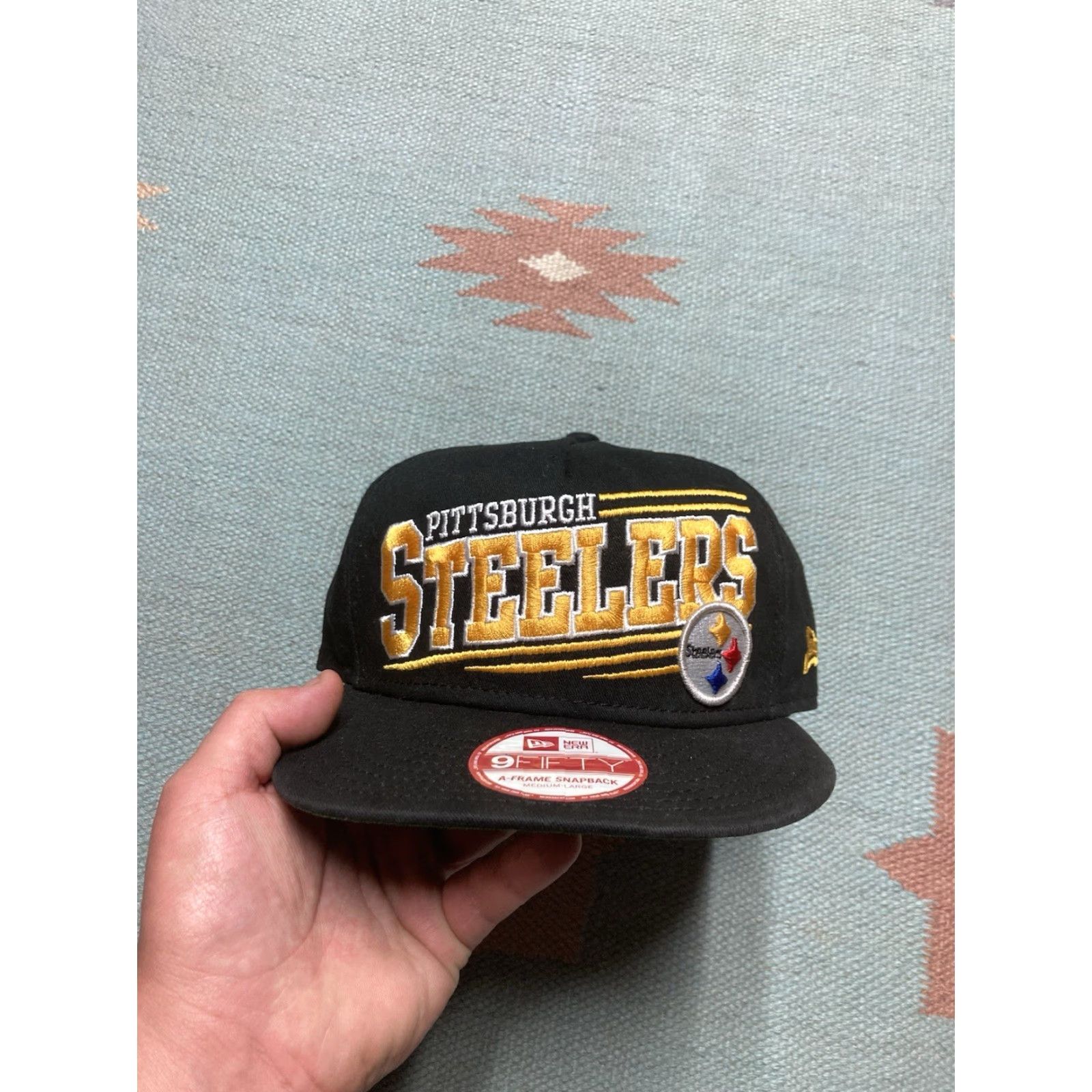 New Era VINTAGE New Era SnapBack 9Forty A-Frame Pittsburgh Steelers Black Dome Hat Cap Mens Adjustable Size Black Steelers Logo Size ONE SIZE - 2 Thumbnail