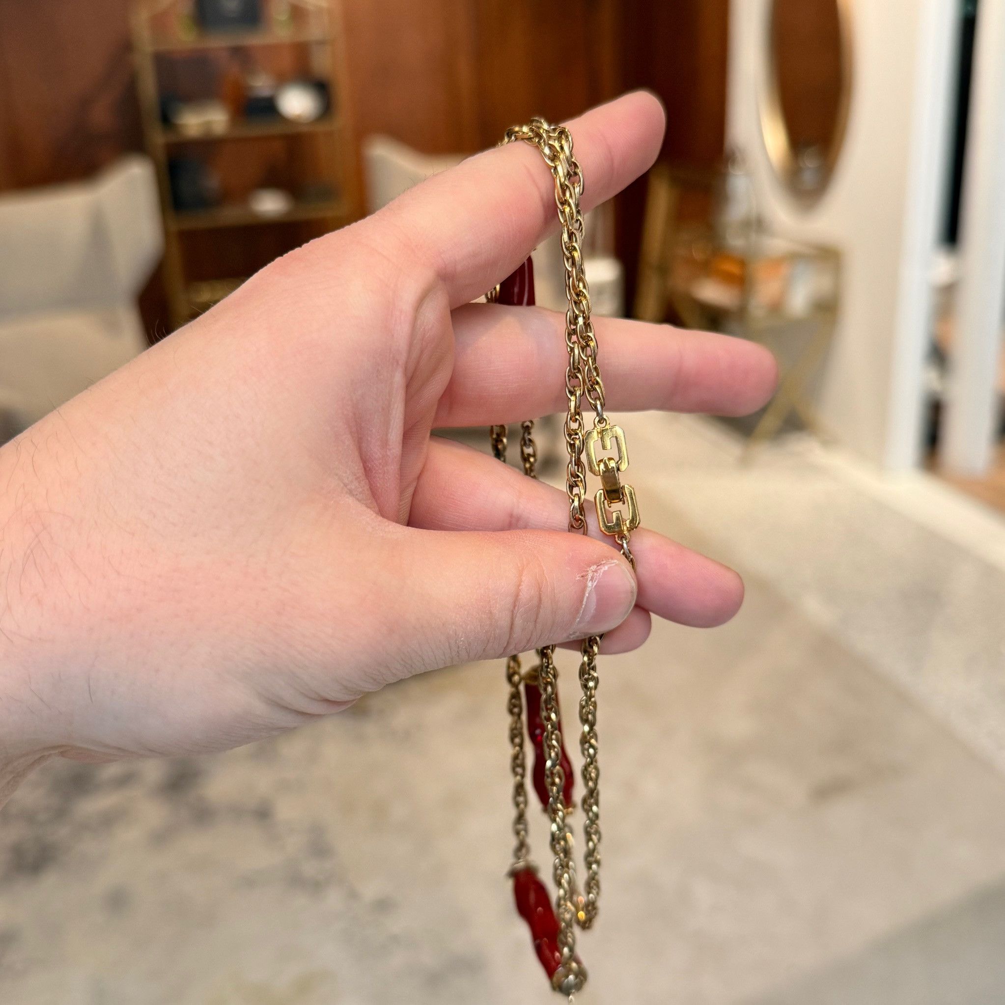 Givenchy Vintage Gold Chain Faux Coral Crystal Necklace