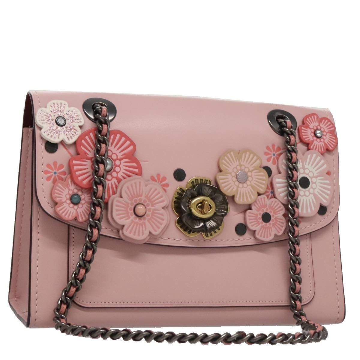 Coach Parker With Tea Rose Chain Shoulder Bag Leather Pink Auth am7346