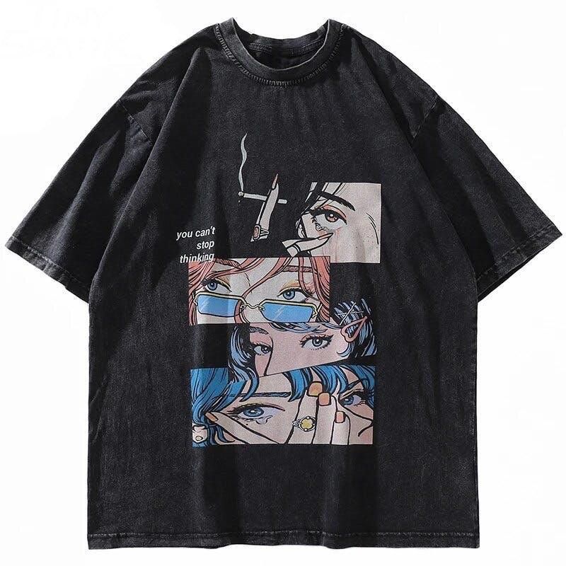 image of Anime Eyes Black Printed T-Shirt Tee Short Sleeve, Men's (Size Large)
