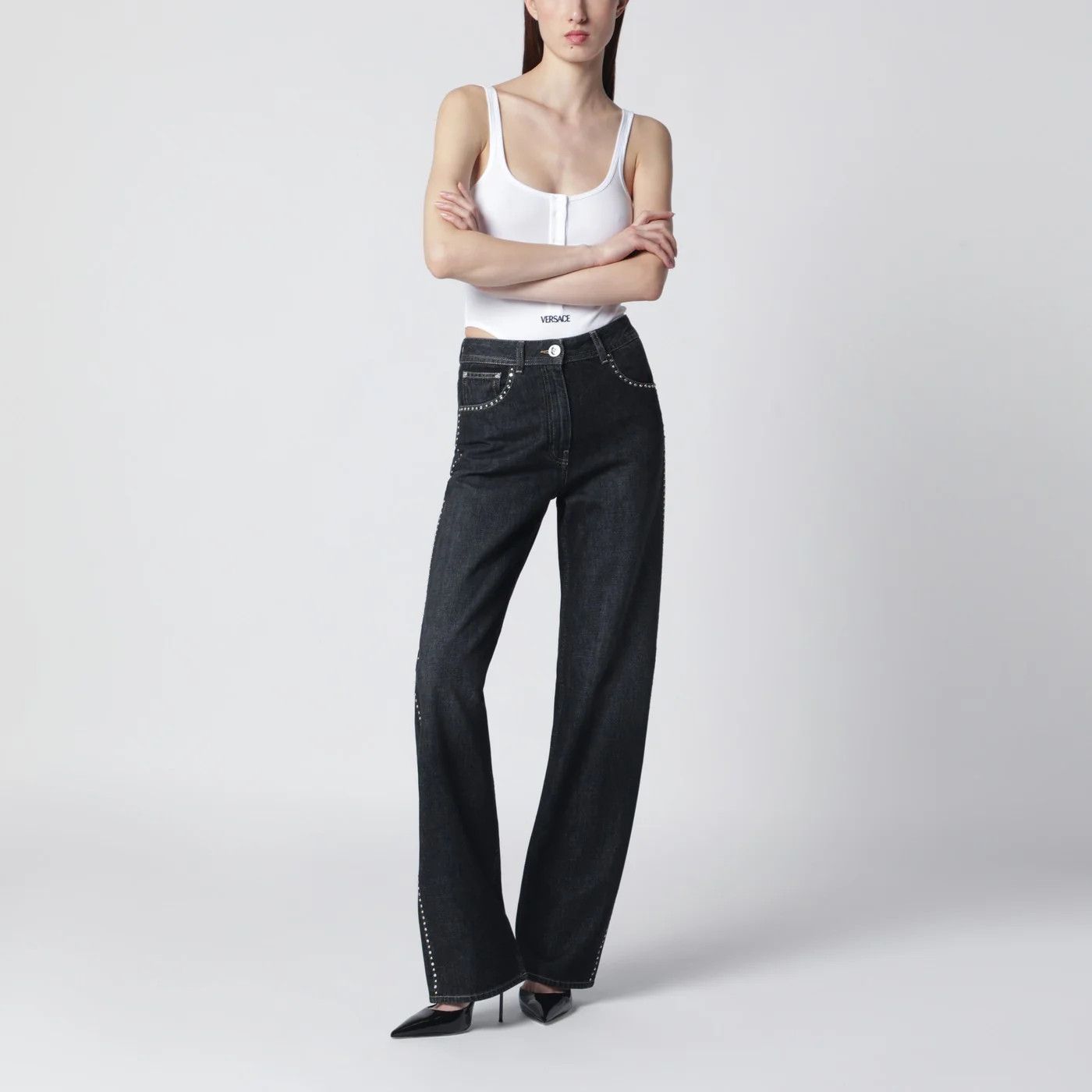 Versace o1d2blof0426 Denim Jeans With Studs in Black Size 28" / US 6 / IT 42 - 2 Thumbnail