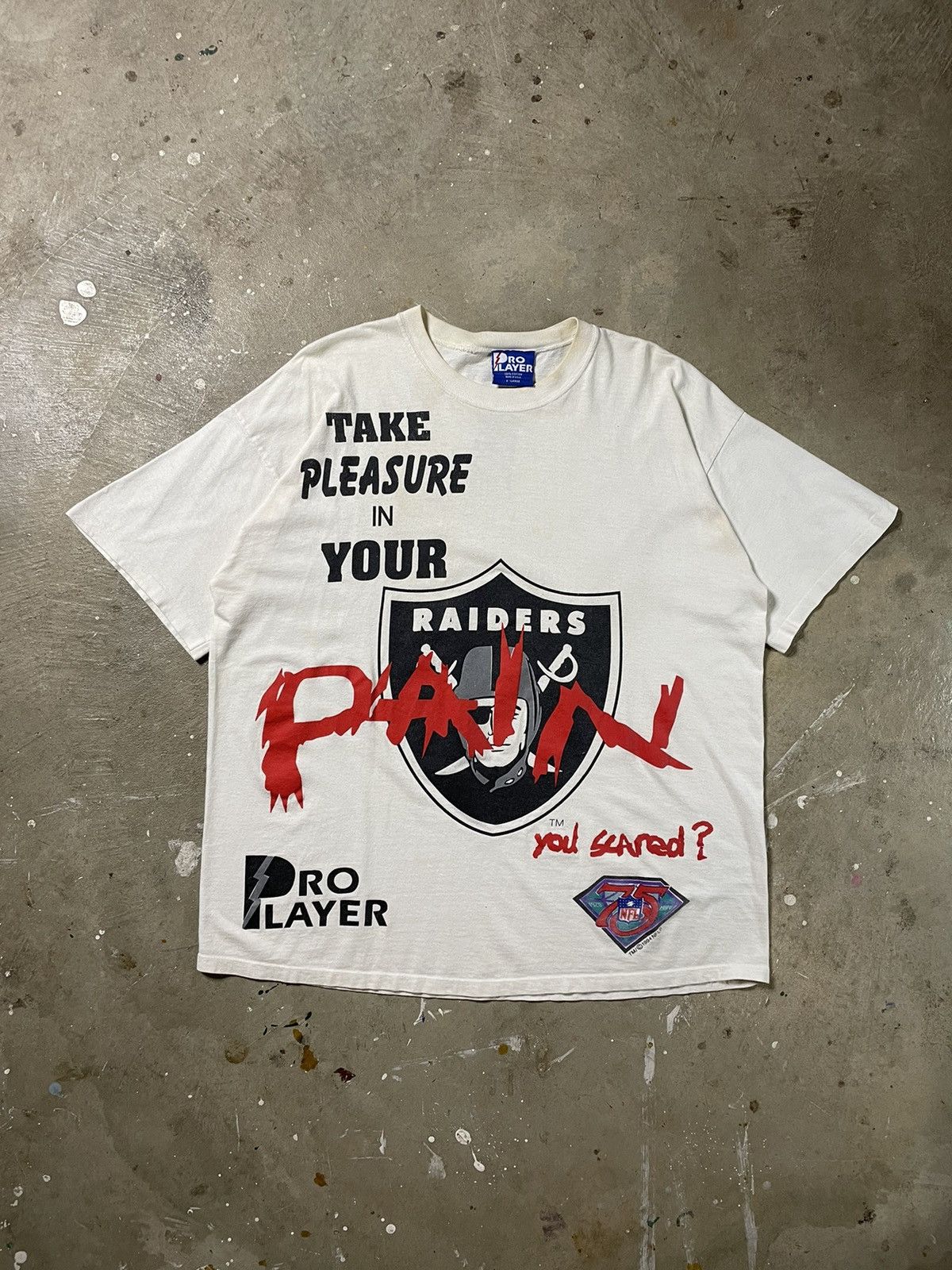 image of Nfl x Pro Player 1994 Los Angeles Raiders ‘Pain’ Tee in White, Men's (Size XL)