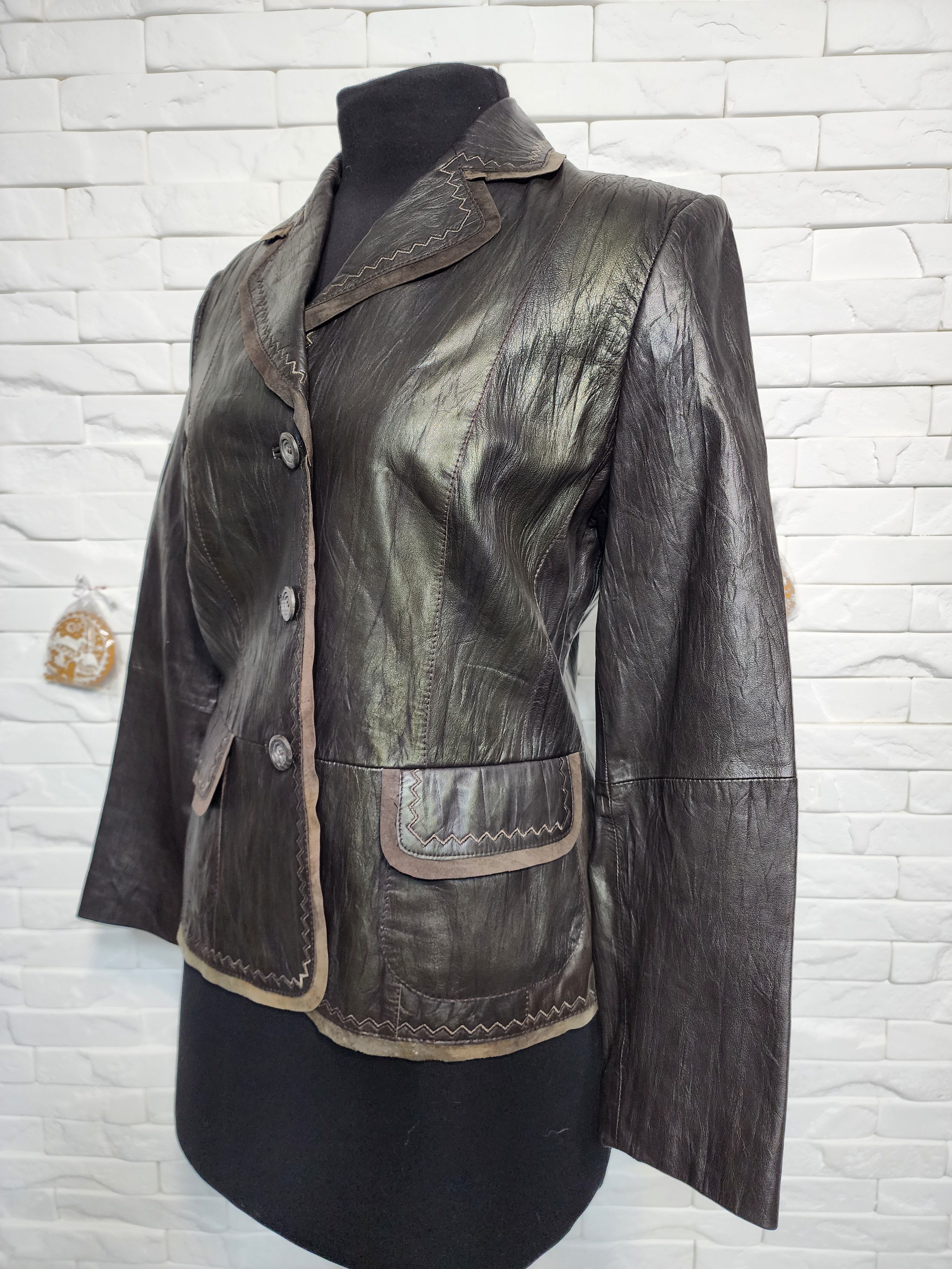Other Brown Leather Jacket: Women's Blazer with Stitching Size M / US 6-8 / IT 42-44 - 2 Thumbnail